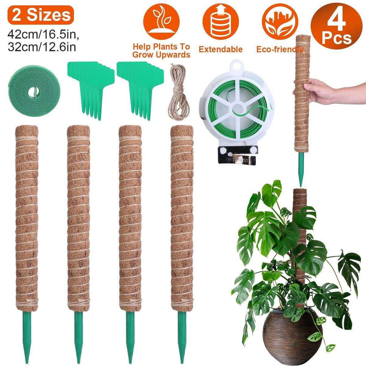 4Pcs Coco Coir Extendable Moss Pole for Climbing Plants Plant Support with 10 Labels 6.6Feet Jute Rope 6.6 Feet Fasten Strap 65.6 Feet Twist Tie Indoo