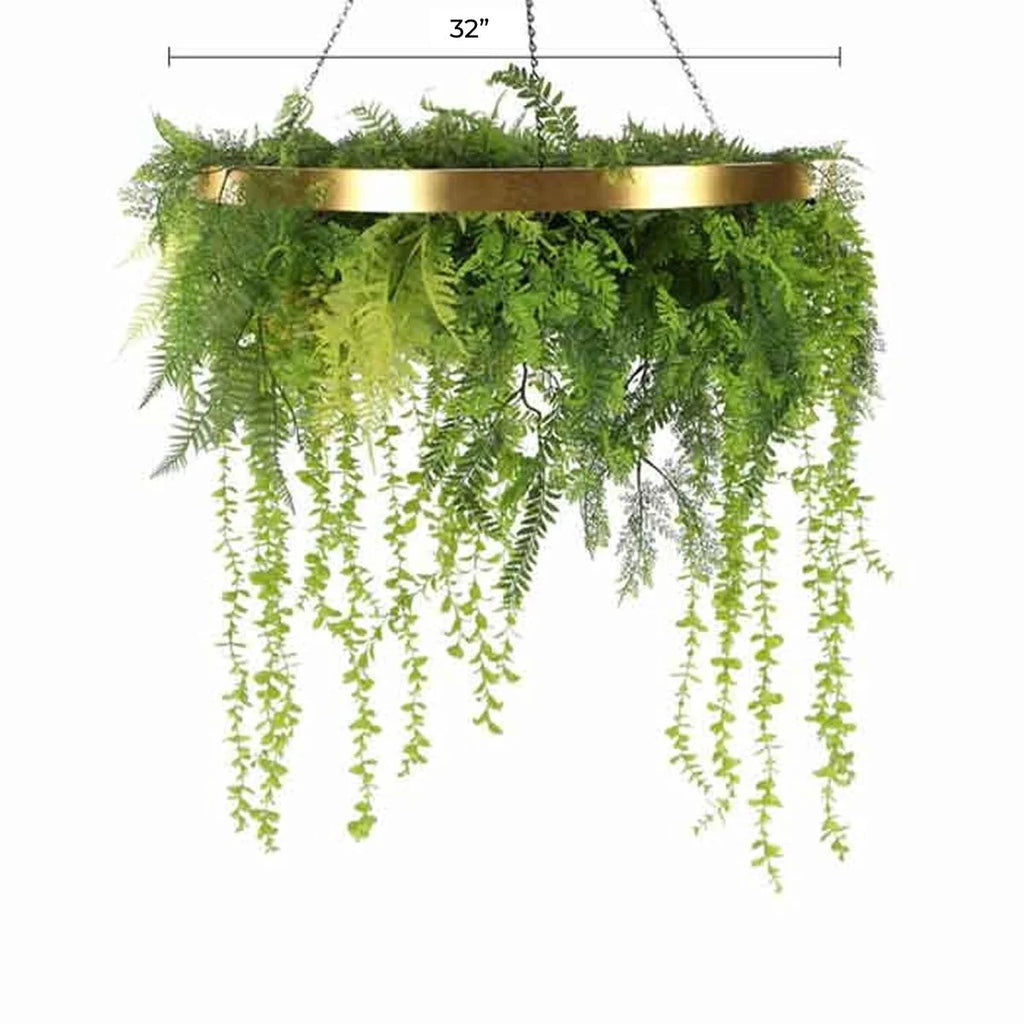 Imitation Gold Artificial Hanging Green Wall Disc Draping Plant Arrangement 32in – Limited Edition – UV Resistant