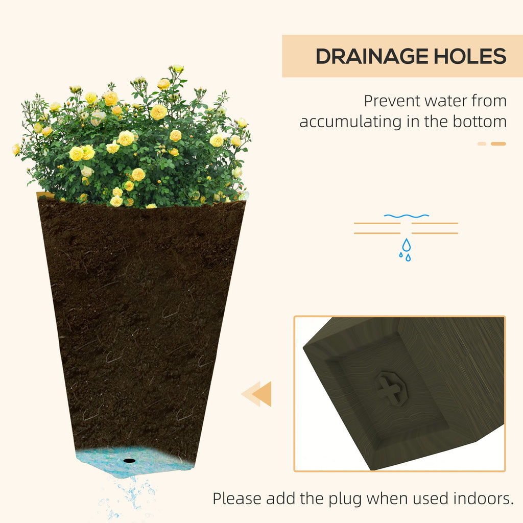 Outsunny 28' Tall Outdoor Planters, Set of 3 Large Taper Planters with Drainage Holes and Plug, Faux Wood Plastic Flower Pots for Outdoor, Indoor, Garden, Patio, Dark Brown