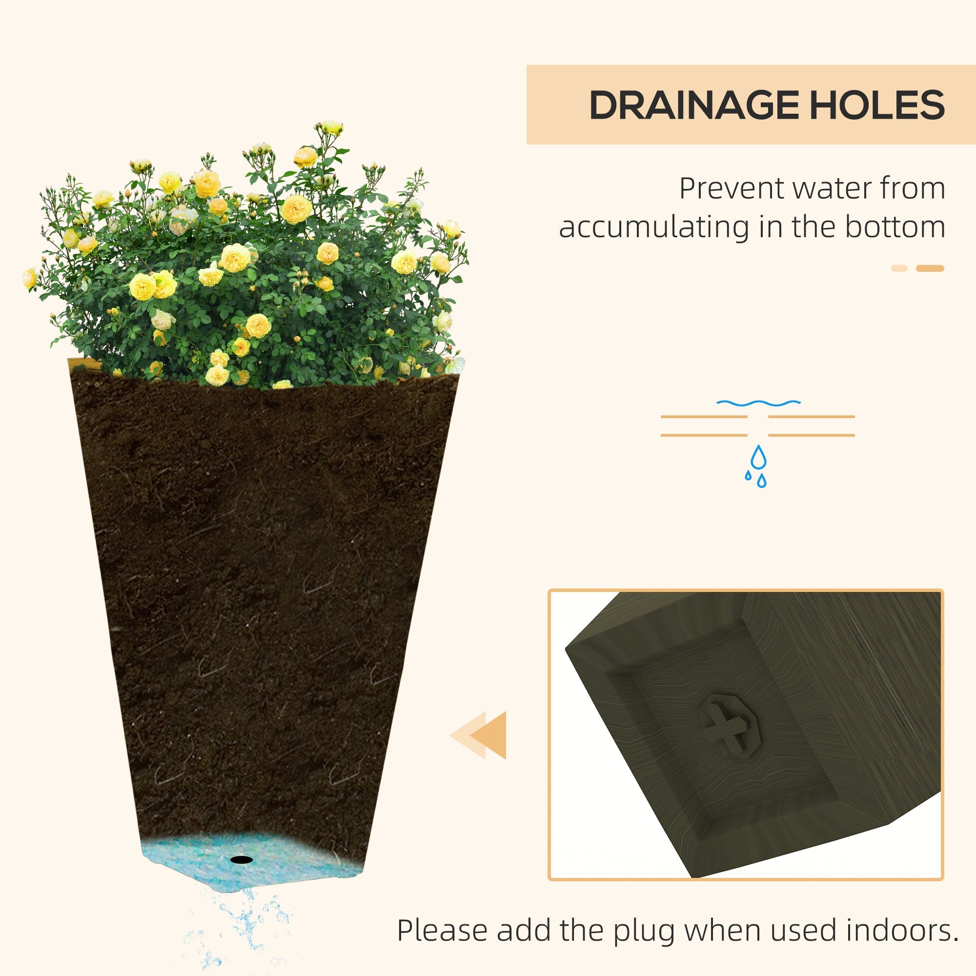 Outsunny 28' Tall Outdoor Planters, Set of 3 Large Taper Planters with Drainage Holes and Plug, Faux Wood Plastic Flower Pots for Outdoor, Indoor, Garden, Patio, Dark Brown