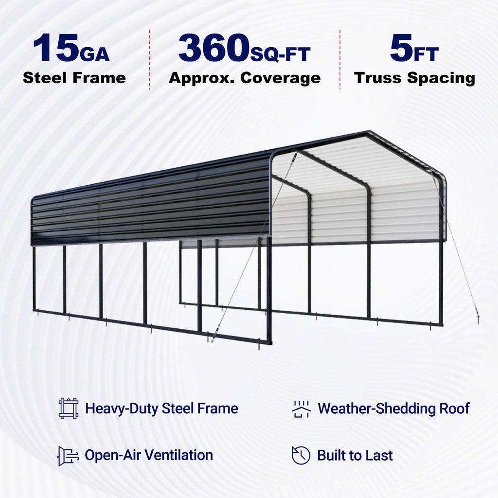 12'x30' Metal Carport with Corrugated Roof