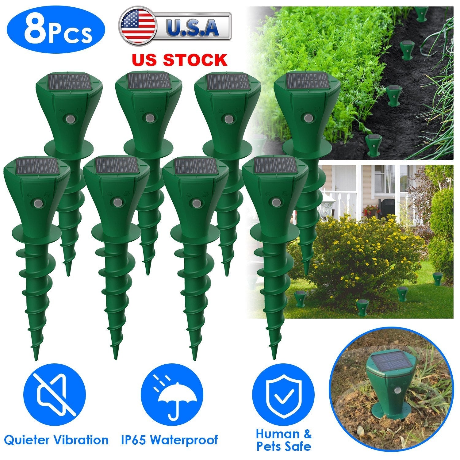 8Pcs Solar Powered Mole Repellent Waterproof Solar Animal Repellers for Moles Gophers Groundhogs Snakes Voles Outdoor Vibration Stake For Farm Garden