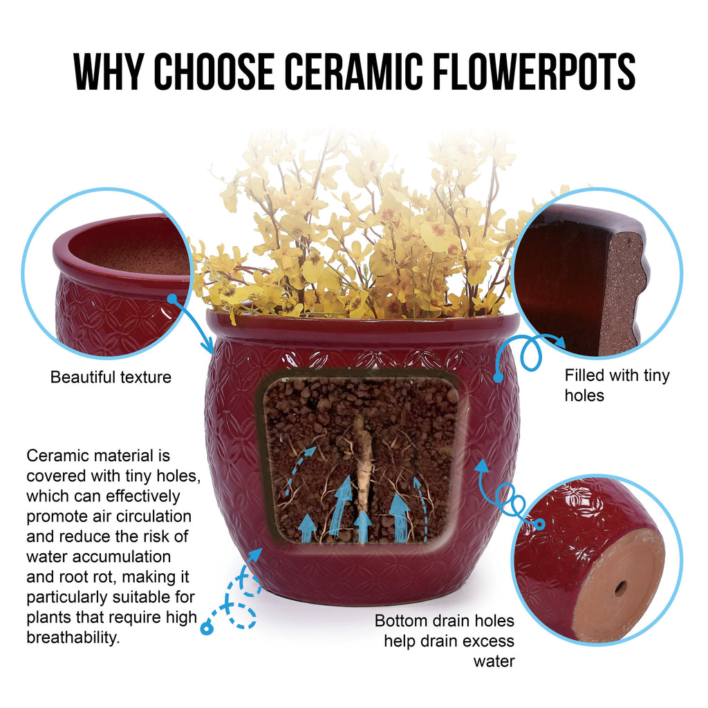 Set of 3 Ceramic Flowerpot, Modern Planter for Patio, Garden, Windowsill - Red