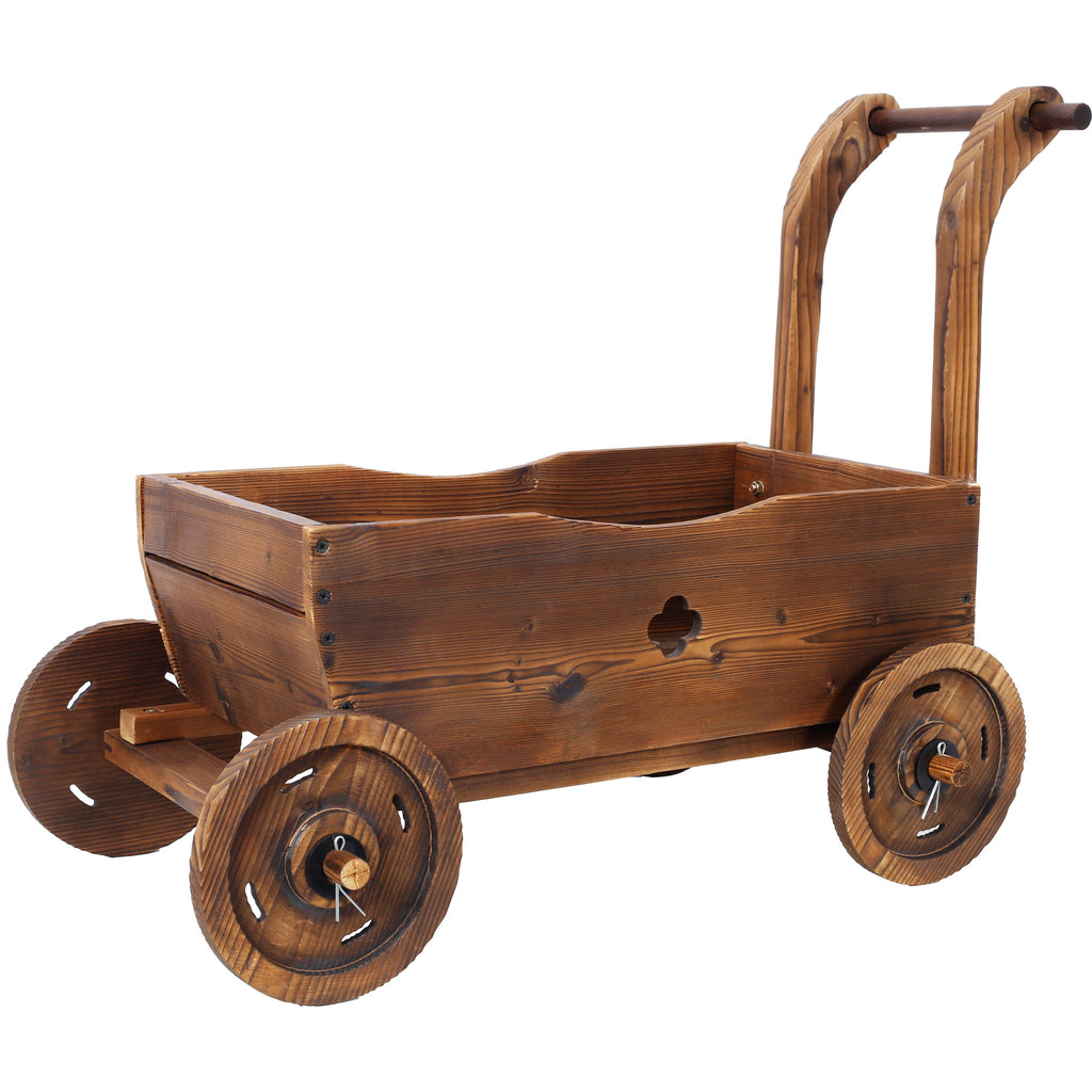 Wooden Wagon Planter Box, Mobile Garden Planter with Wheels, Handle, Drain Hole, Brown Wood, 26.5 x 14.1 x 21.2 inches