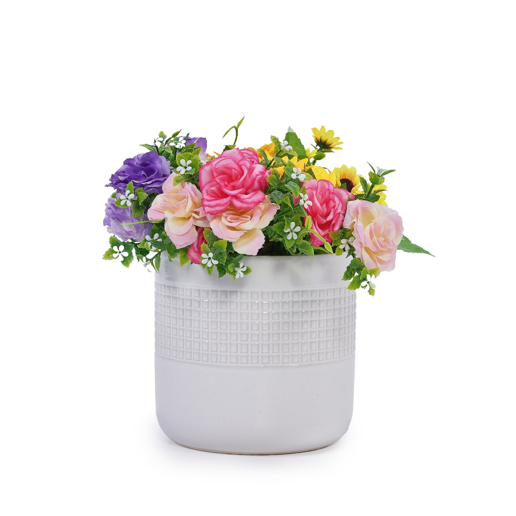 Set of 3 Grid Ceramic Flowerpot, Modern Planter for Patio, Garden, Windowsill - Ancient White