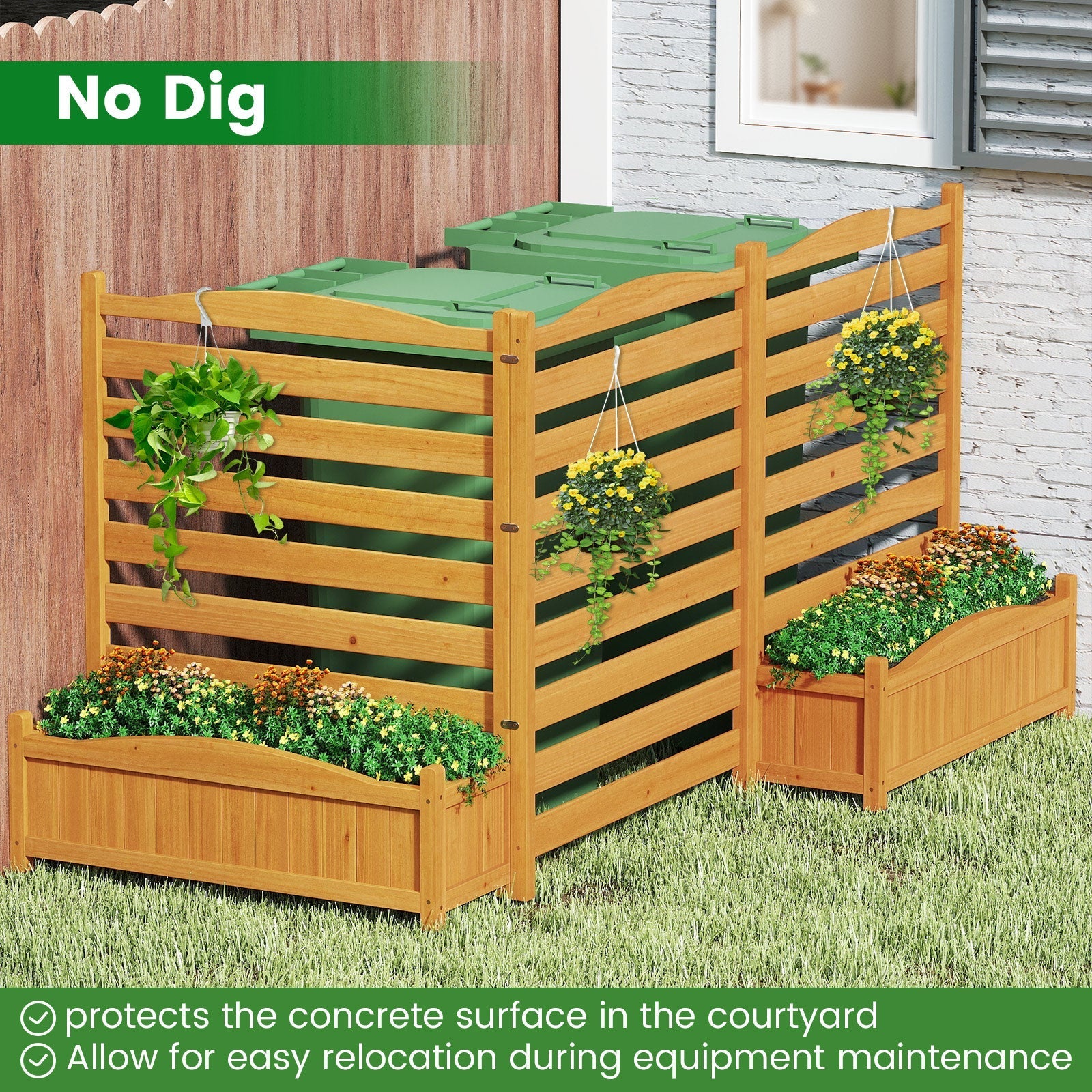 3-Panel Wood Air Conditioner Fence with Planter Box Freestanding Privacy Screen-Yellow