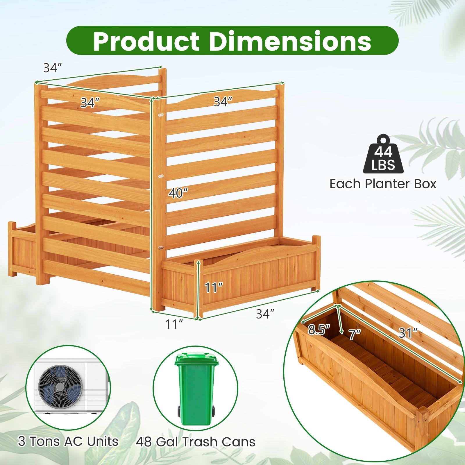 3-Panel Wood Air Conditioner Fence with Planter Box Freestanding Privacy Screen-Yellow