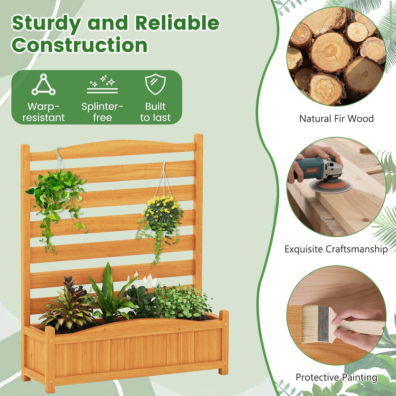 3-Panel Wood Air Conditioner Fence with Planter Box Freestanding Privacy Screen-Yellow