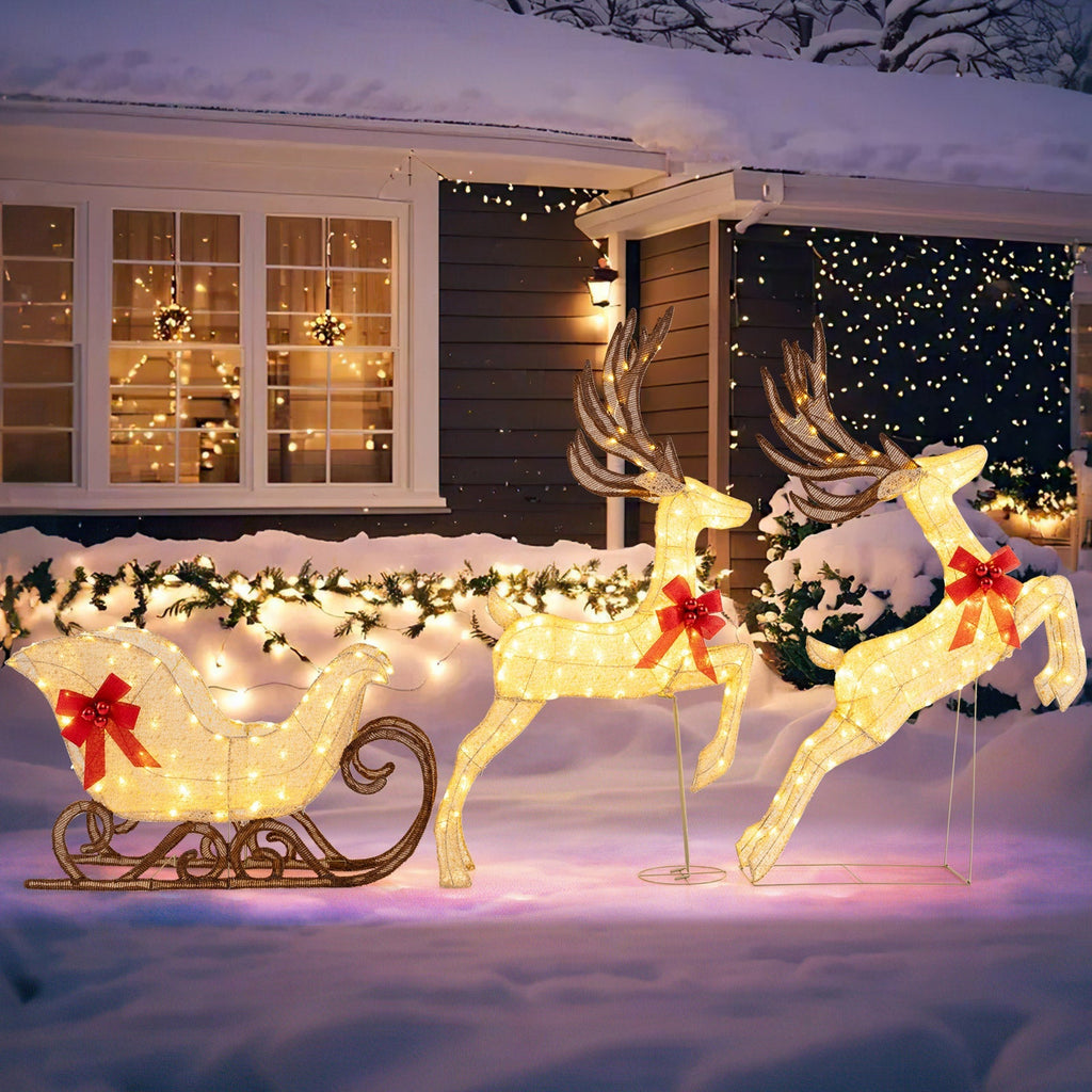 3-Piece Christmas Lighted Reindeer and Sleigh Set for Lawn & Garden