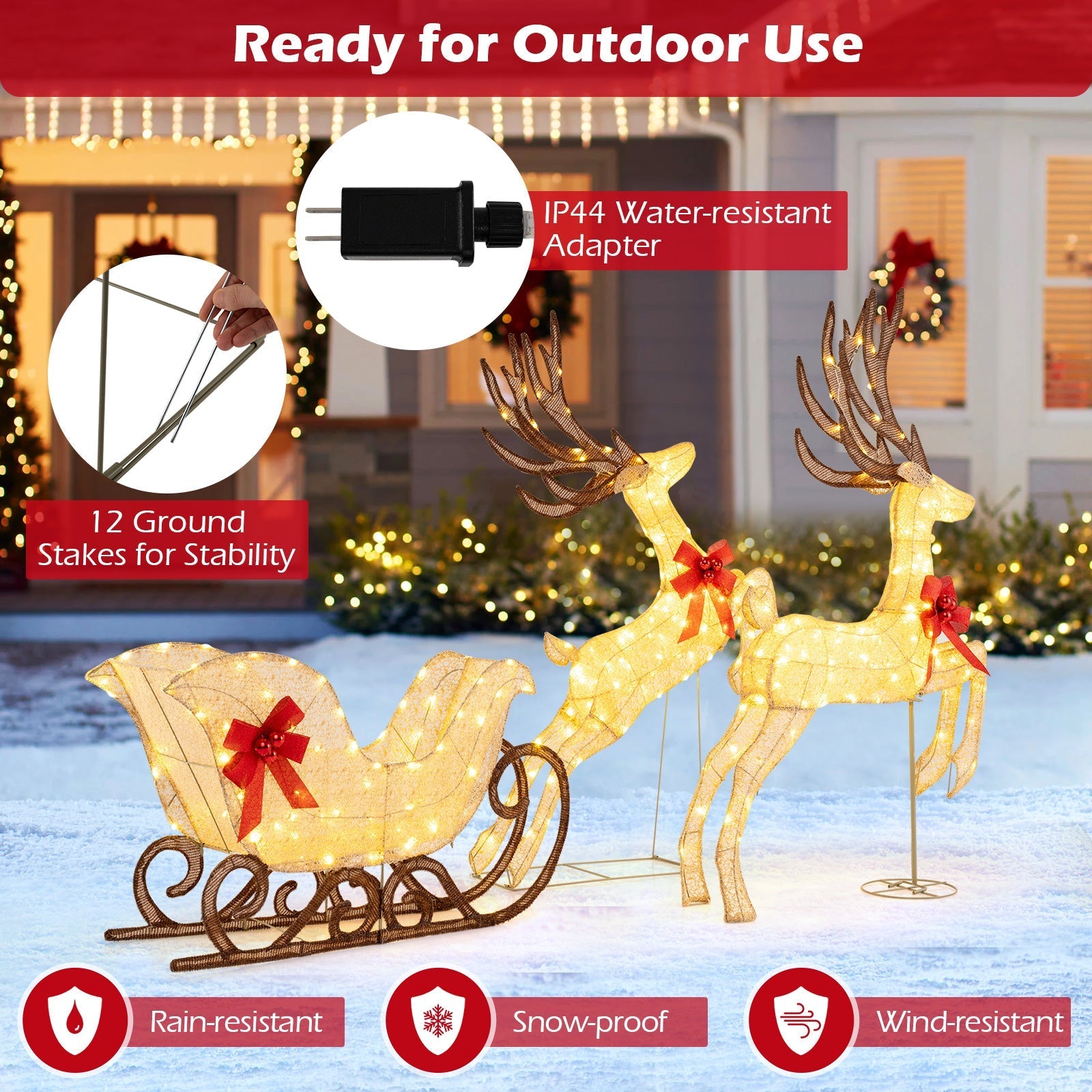 3-Piece Christmas Lighted Reindeer and Sleigh Set for Lawn & Garden