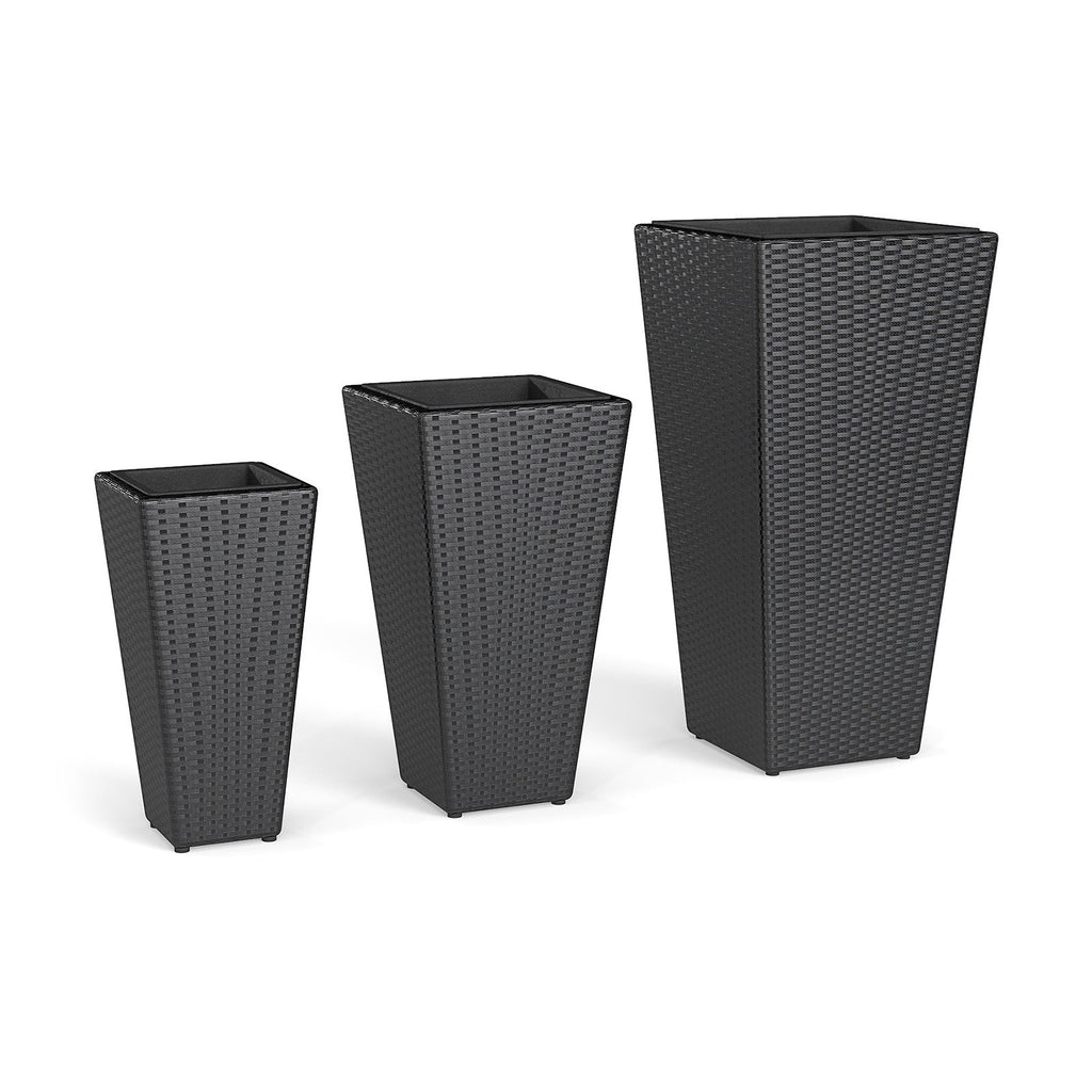3-Piece Wicker Planters Tapered PP Rattan Plant Boxes with Plastic Flower Pots-Black