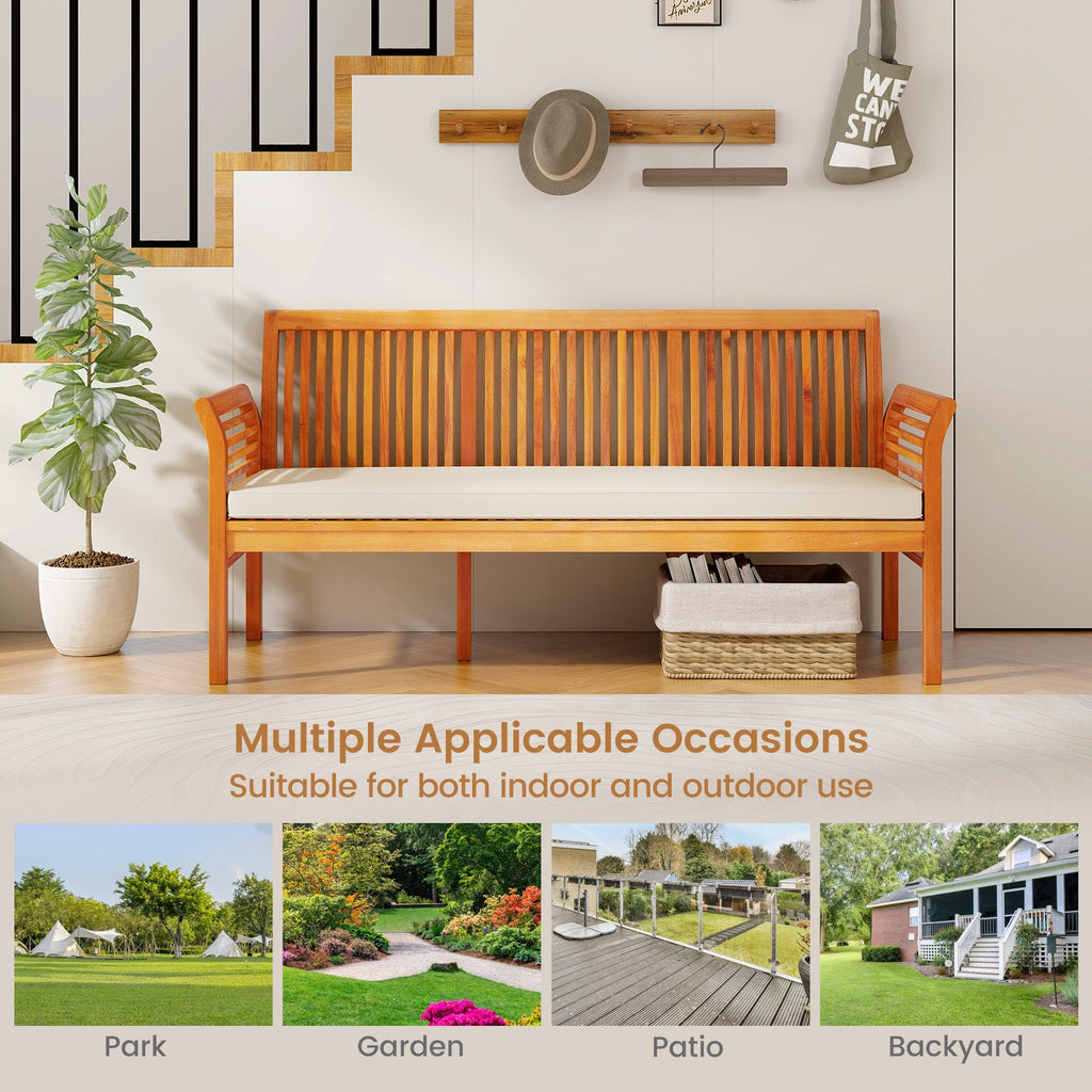 62.5 Inches Patio 3-Seat Wood Bench with Soft Seat Cushions-White