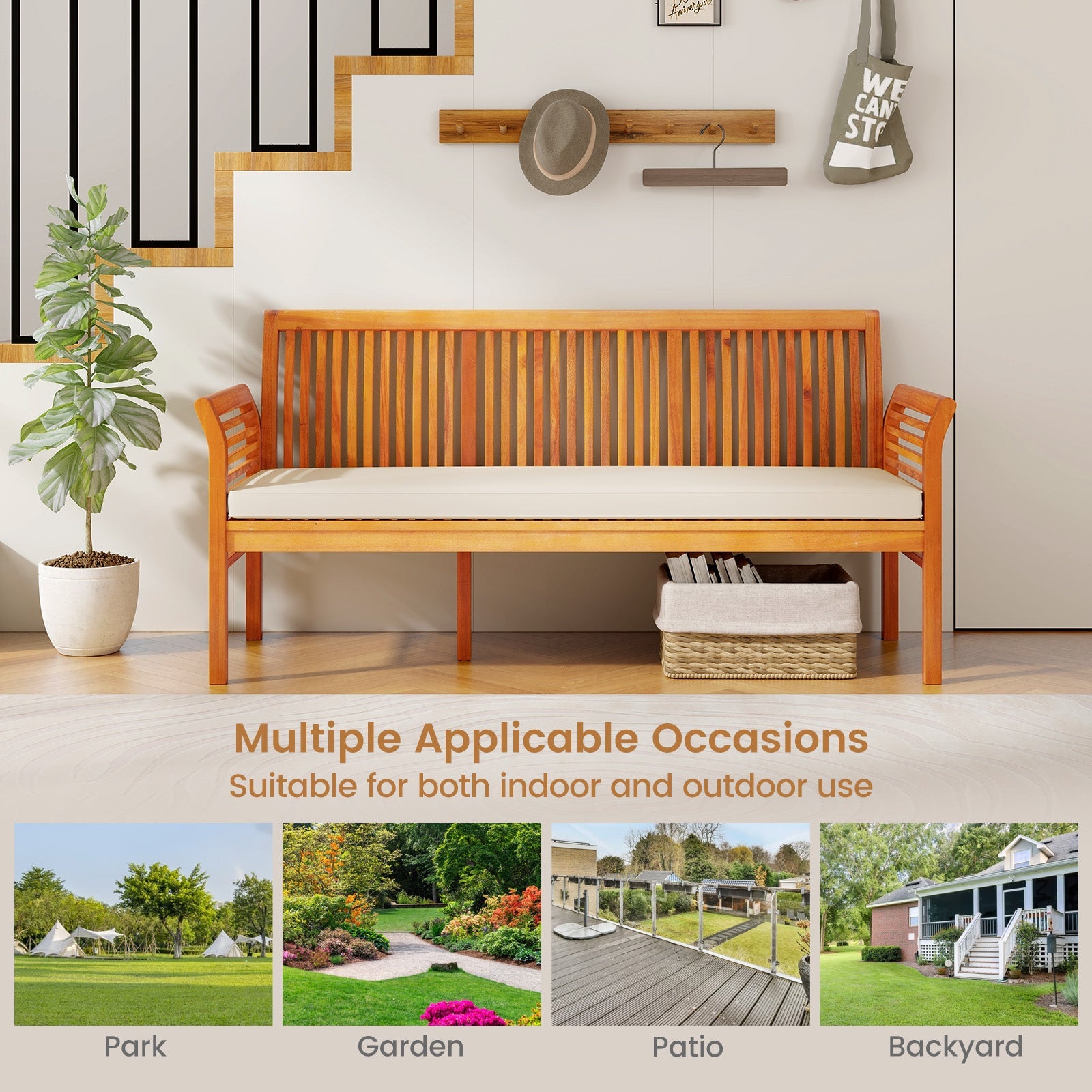 62.5 Inches Patio 3-Seat Wood Bench with Soft Seat Cushions-White