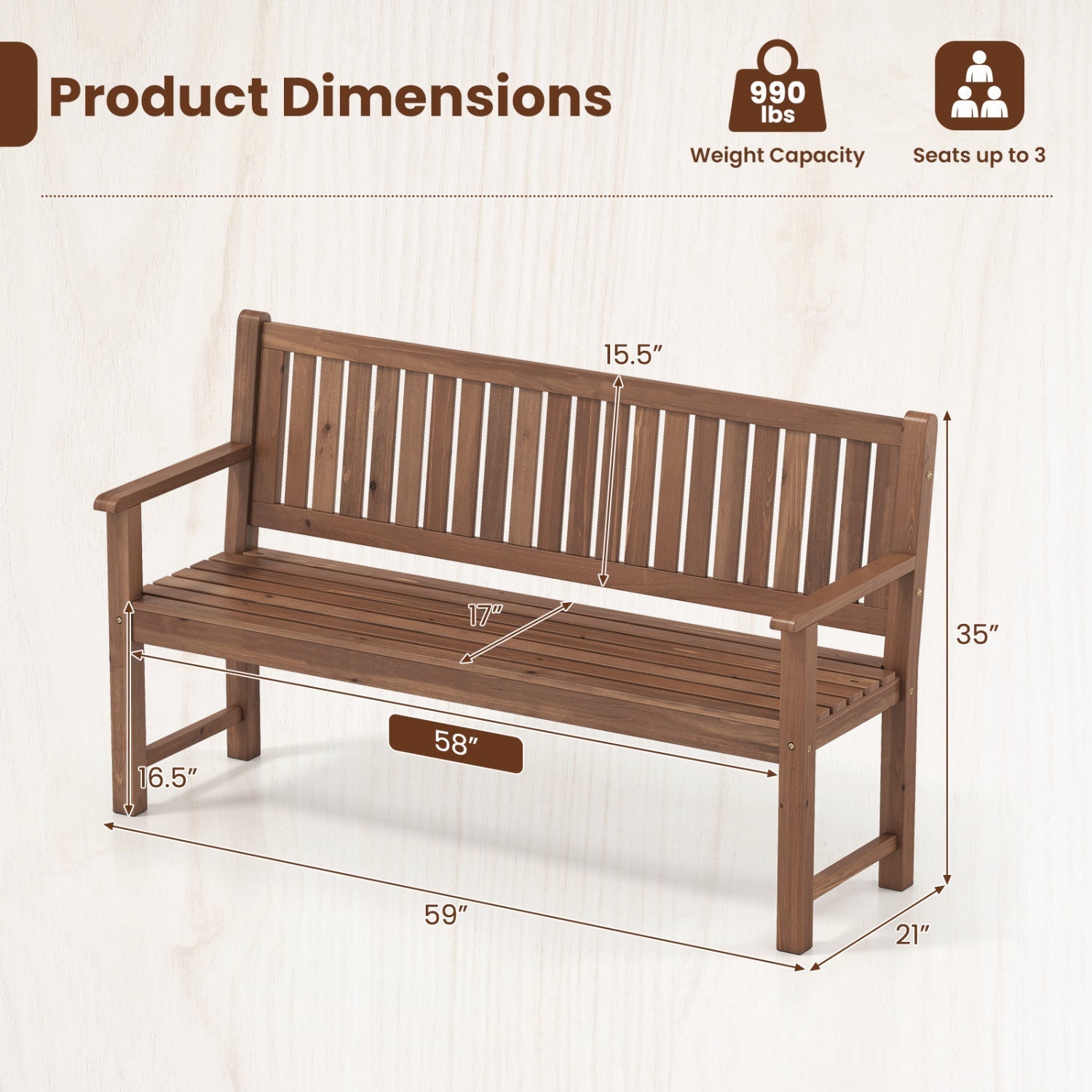 3-Seater Wooden Garden Bench with Backrest, 59 Inch