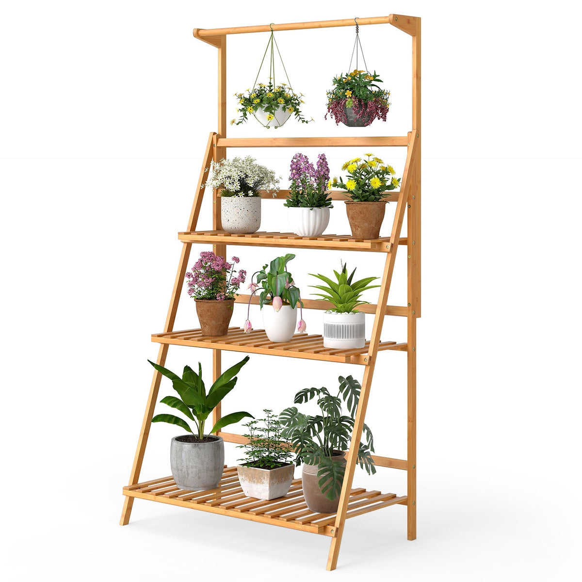 3 Tier Bamboo Hanging Plant Stand with Height Adjustable Hanger Rod-Natural