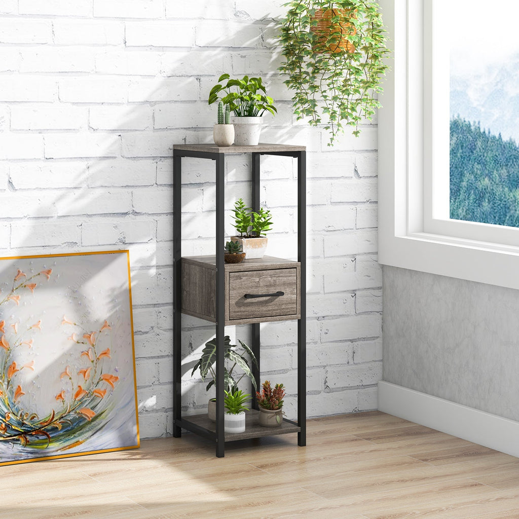 3 Tier Tall Metal Plant Stand with Drawer for Balcony Office-Gray