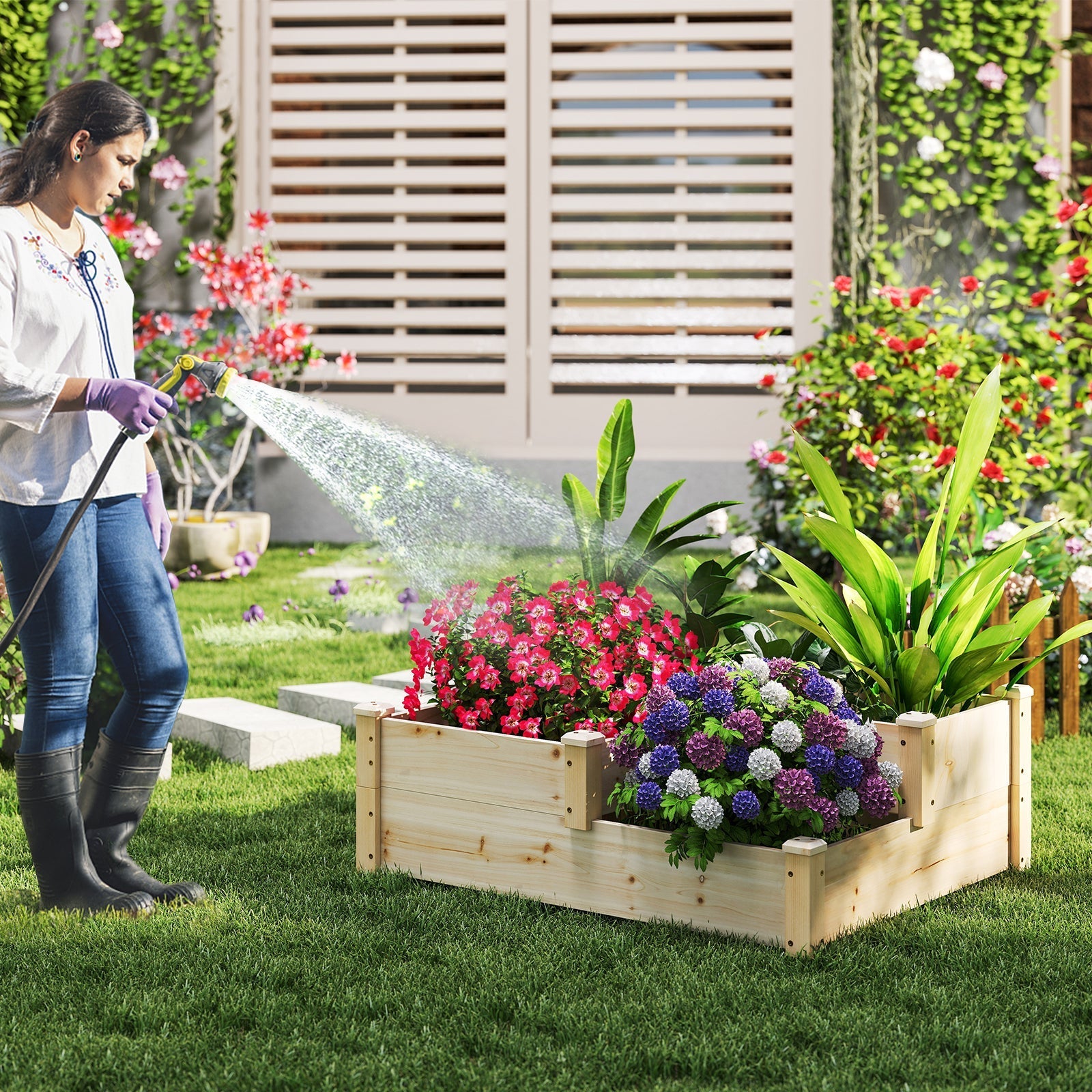 3-Tier Wooden Raised Garden Bed with Open-Ended Base-Natural
