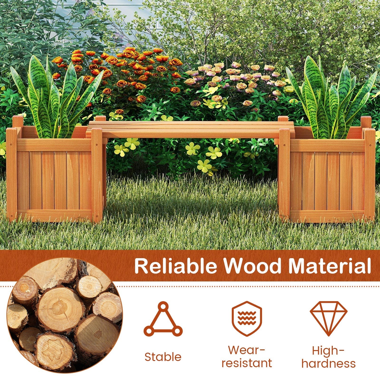 3-in-1 Outdoor Planter Box with Bench 2-Person Outdoor Bench with 2 Side Garden Beds-Orange