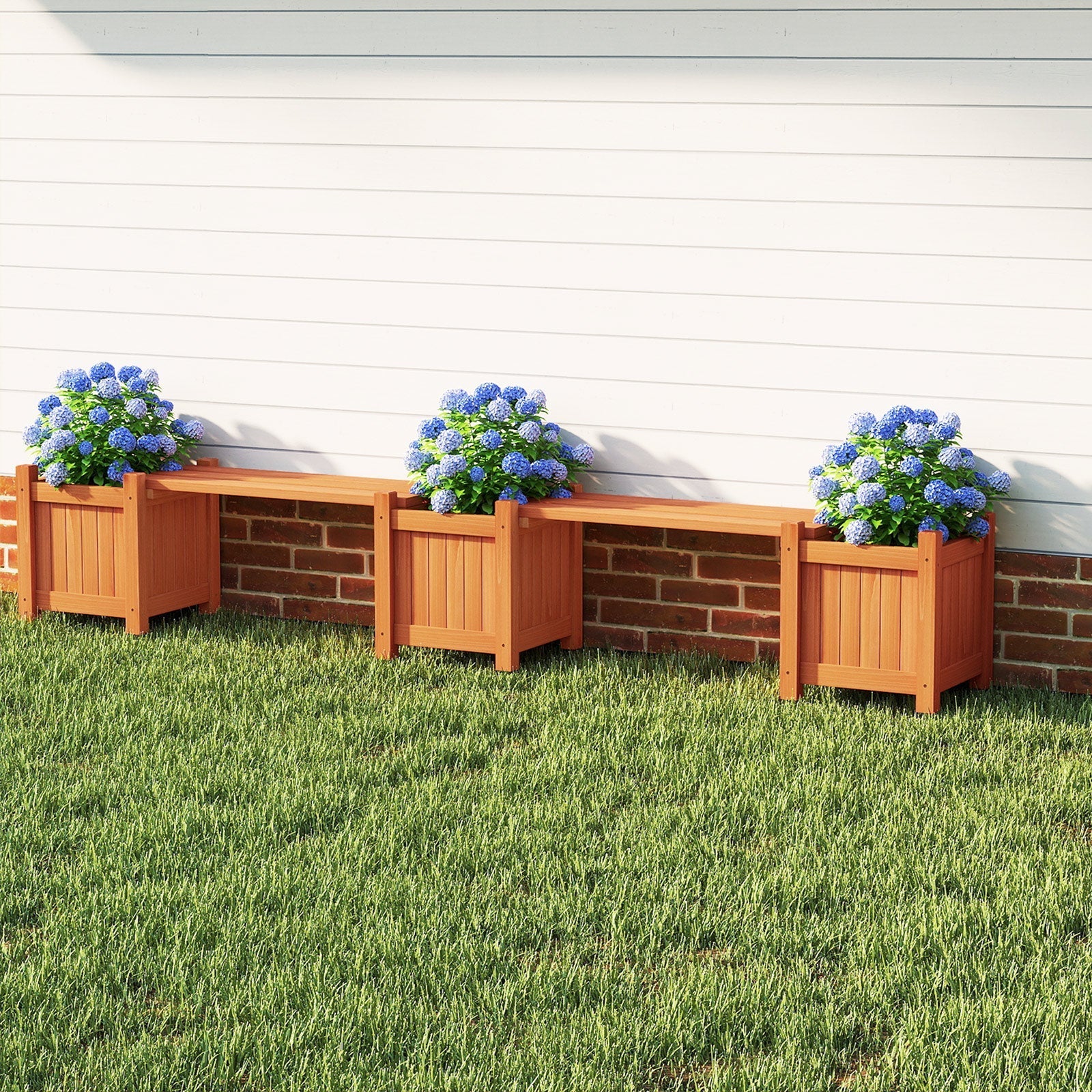 3-in-1 Outdoor Planter Box with Bench 2-Person Outdoor Bench with 2 Side Garden Beds-Orange