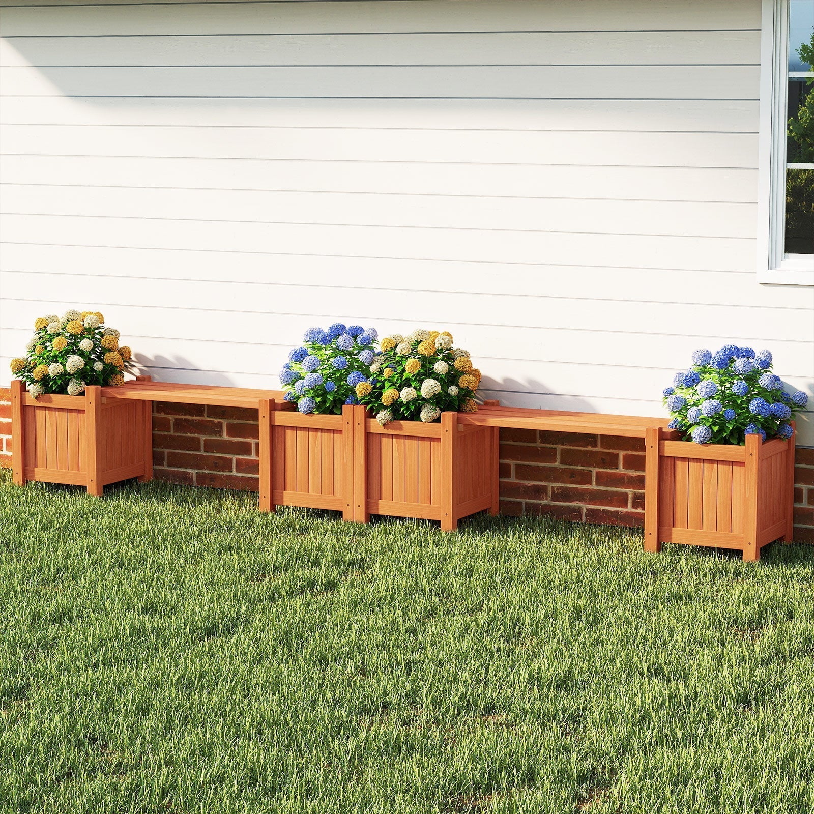 3-in-1 Outdoor Planter Box with Bench 2-Person Outdoor Bench with 2 Side Garden Beds-Orange