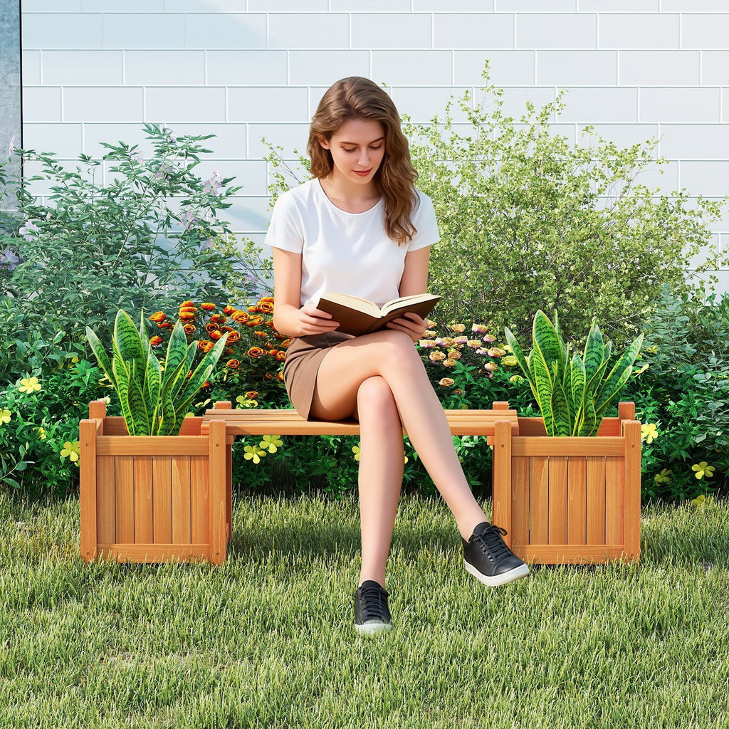 3-in-1 Outdoor Planter Box with Bench 2-Person Outdoor Bench with 2 Side Garden Beds-Orange