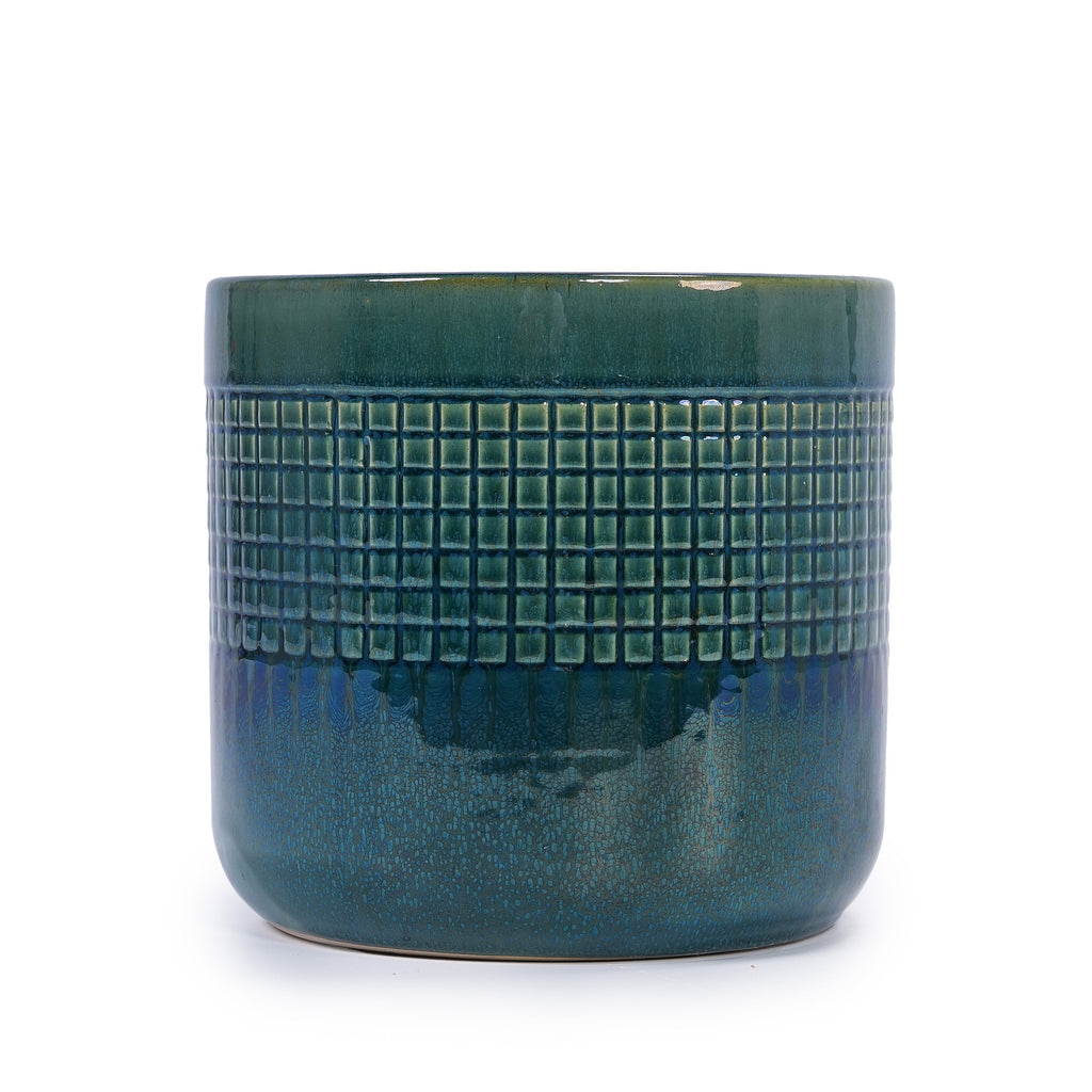 Set of 3 Grid Ceramic Flowerpot, Modern Planter for Patio, Garden, Windowsill - Blue Green