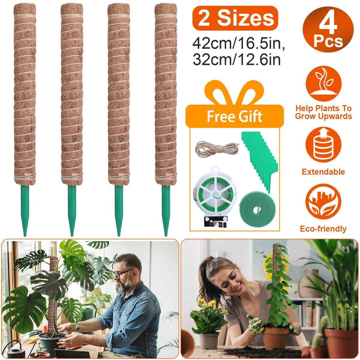 4Pcs Coco Coir Extendable Moss Pole for Climbing Plants Plant Support with 10 Labels 6.6Feet Jute Rope 6.6 Feet Fasten Strap 65.6 Feet Twist Tie Indoo