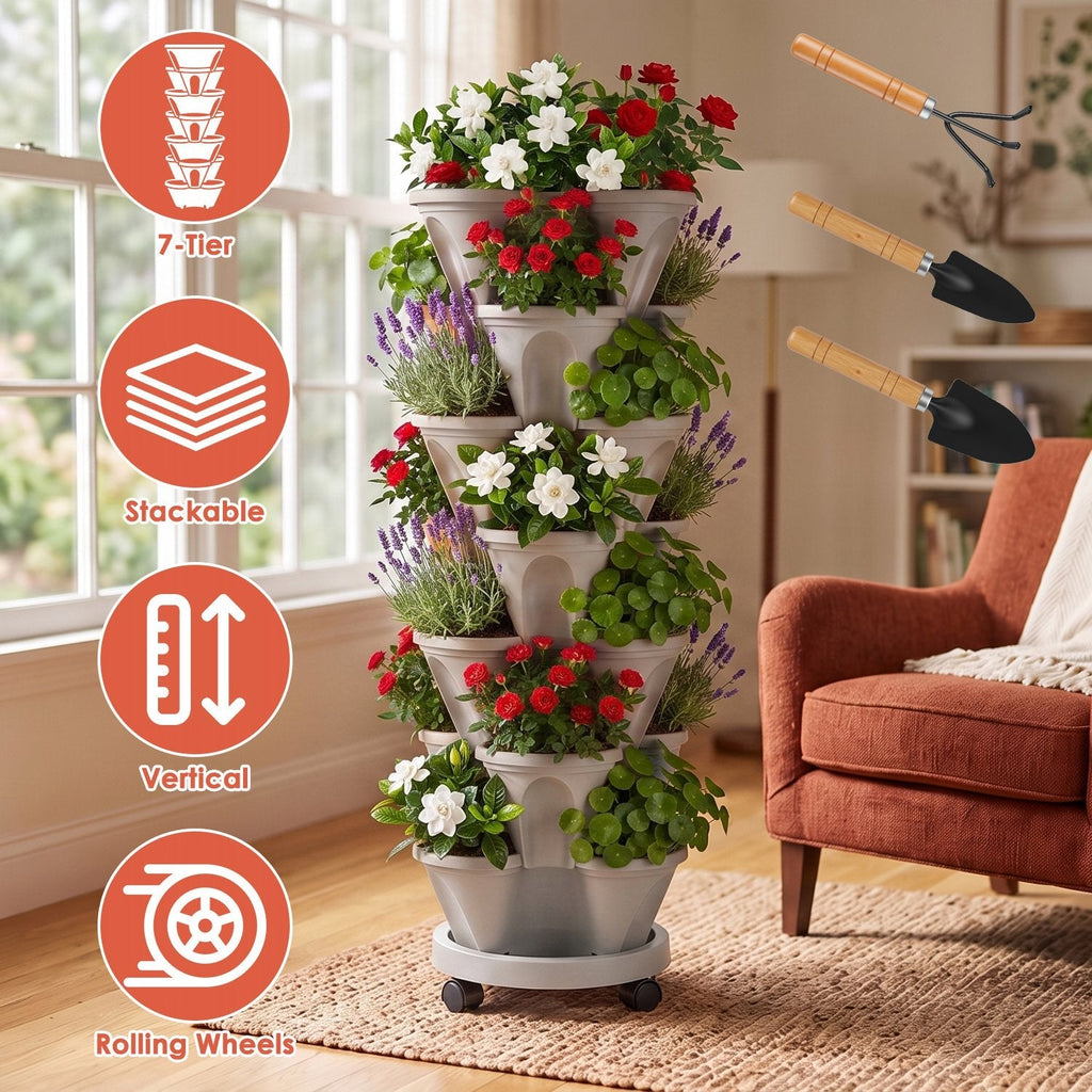 7-Tier Stackable Vertical Planter with Wheels and Drainage