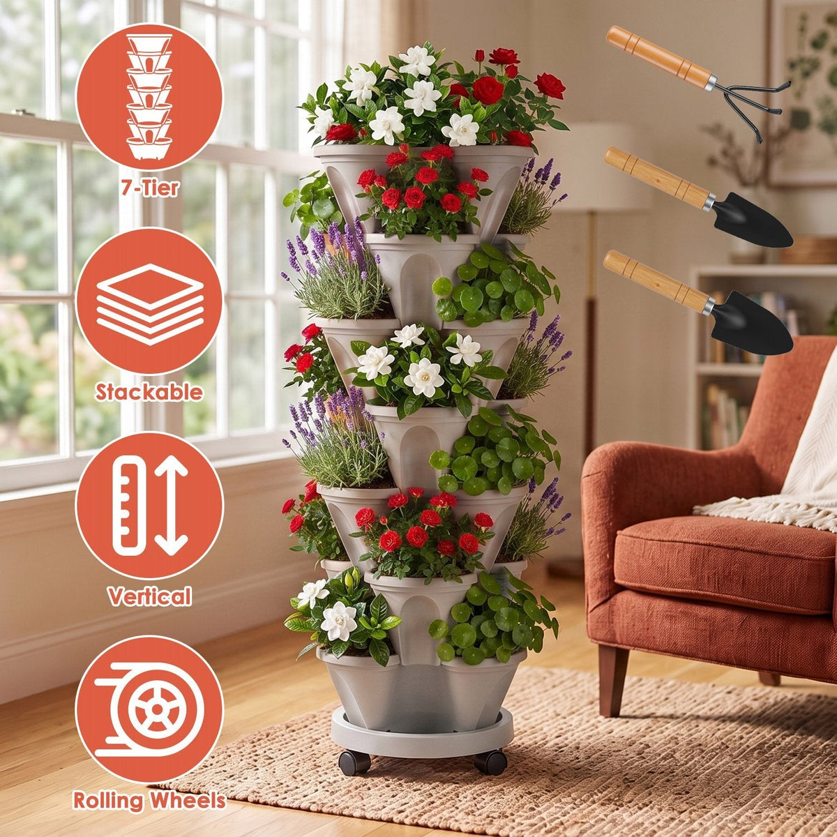 7-Tier Stackable Vertical Planter with Wheels and Drainage