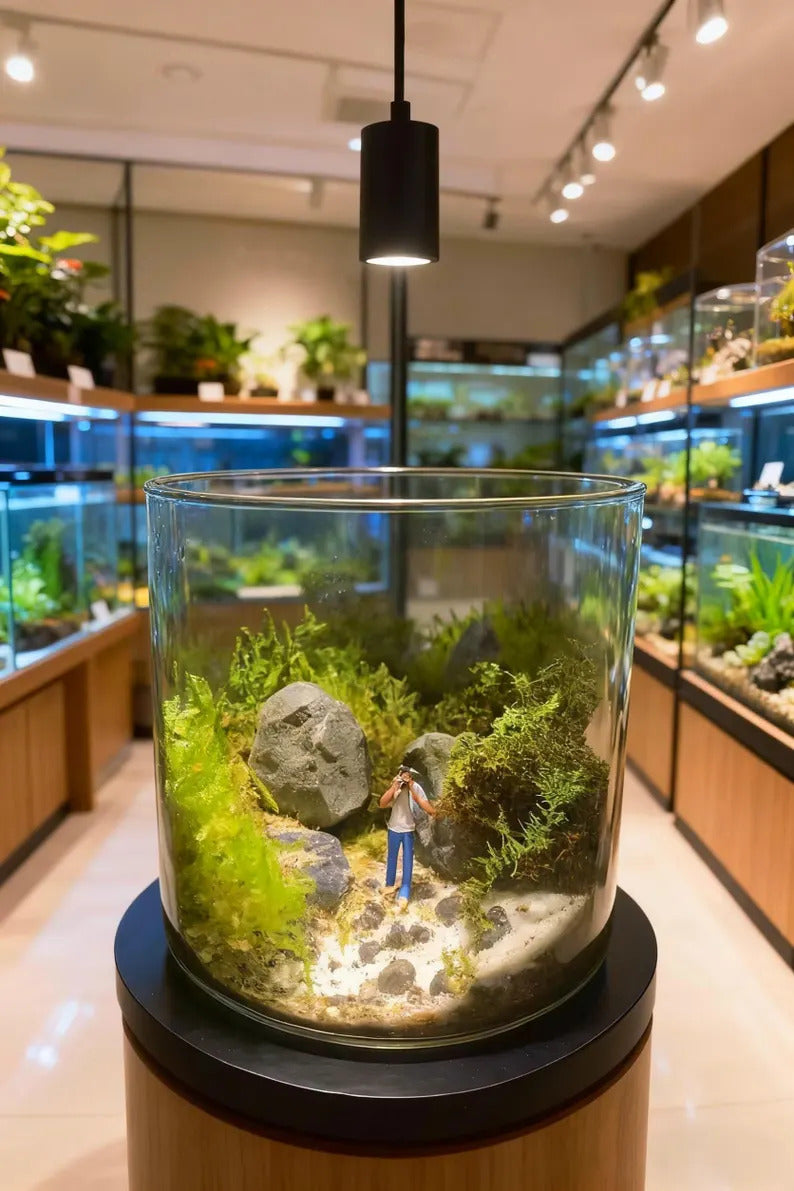 Live Moss Terrarium in Glass Jar Mini Bioactive Mossarium with Stone & Tiny Figurine Natura Desktop Ecosystem DIY Mini Garden Gift for Lover