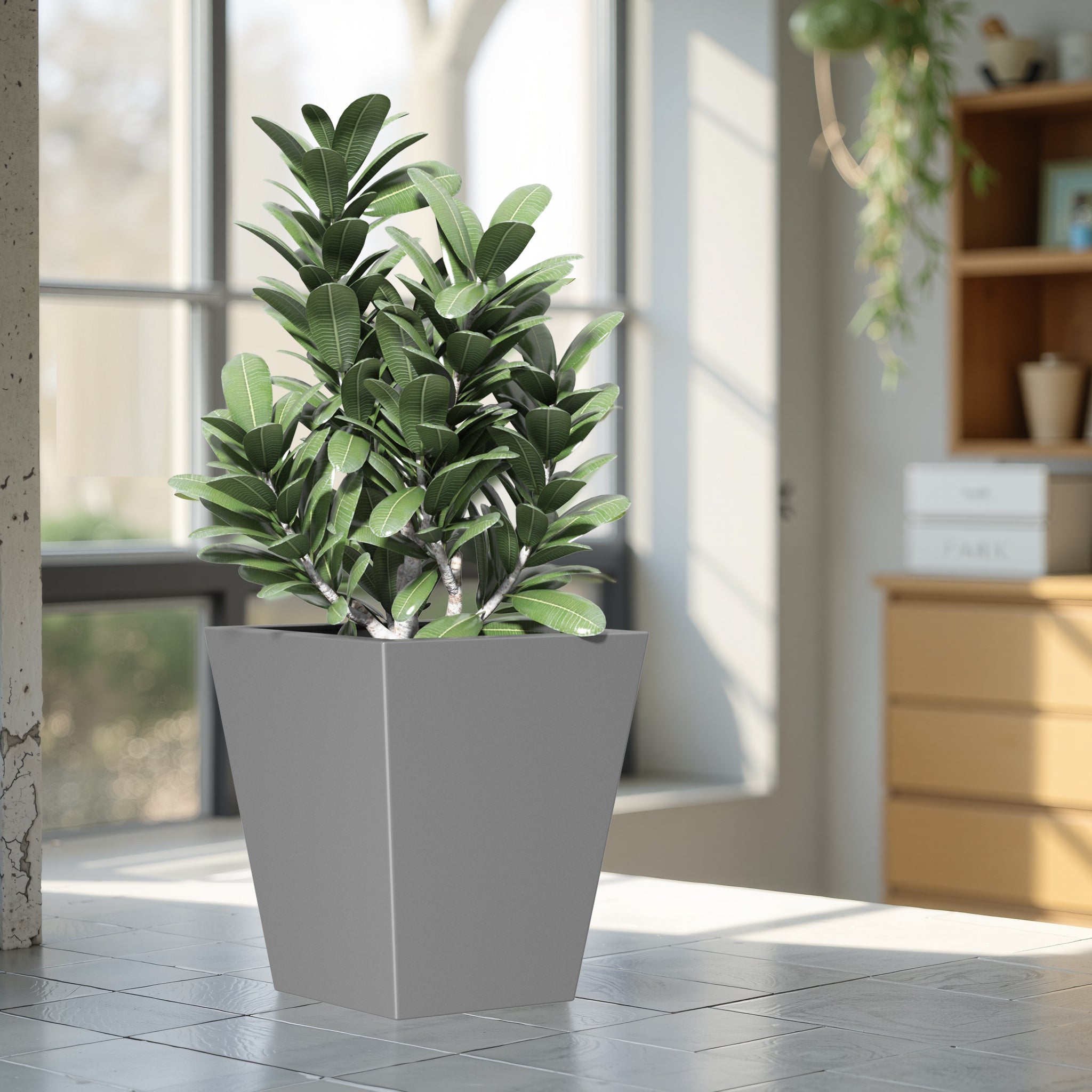 22' H Tall Metal Tapered Planter – Large Outdoor & Indoor Garden Plant Pot with Drainage Hole and Rubber Plug, Stylish Burnished Grey Finish for Home and Patio