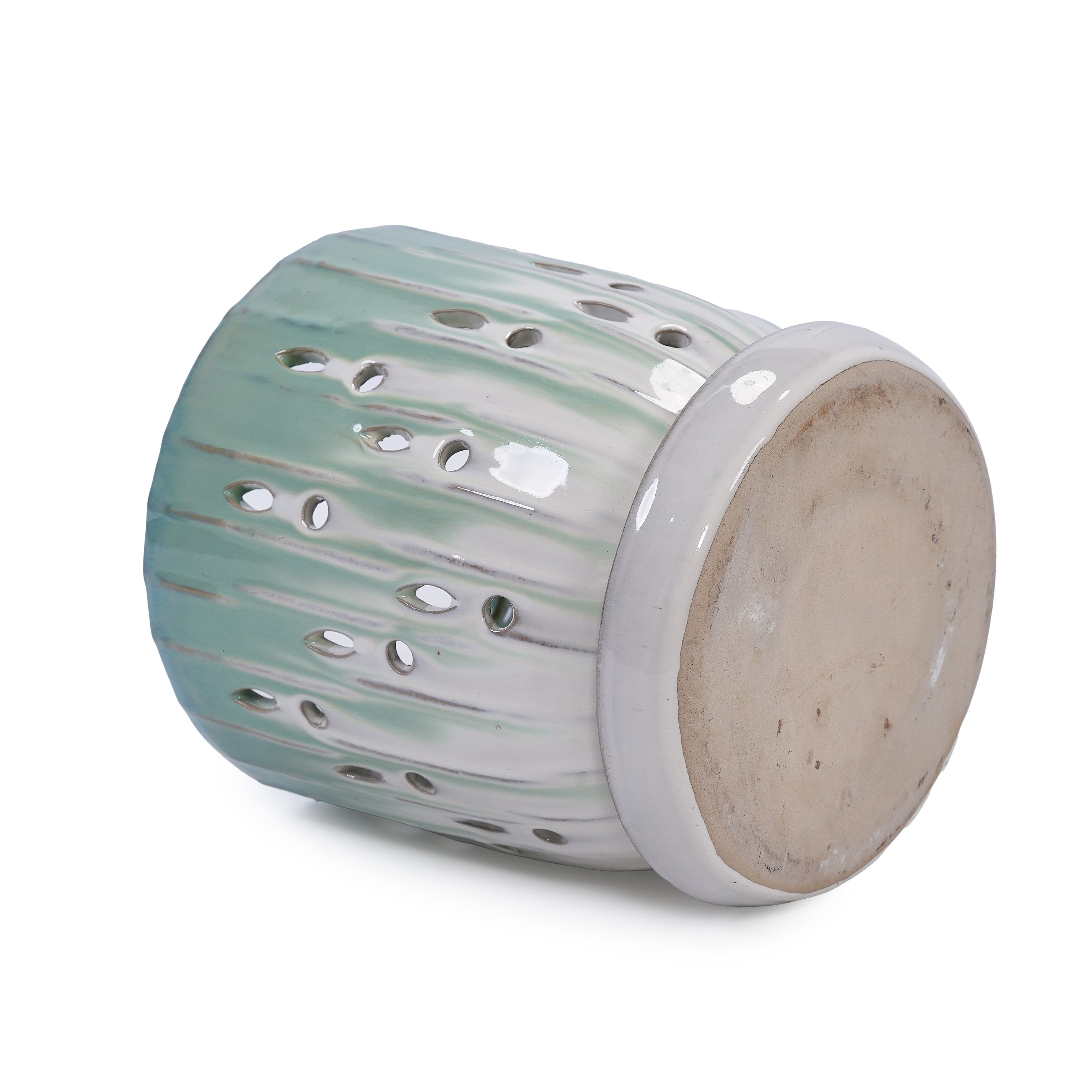 Set of 2 Ceramic Flowerpot with Drainage Hole, 8' Modern Planter for Patio, Garden, Windowsill - White Green