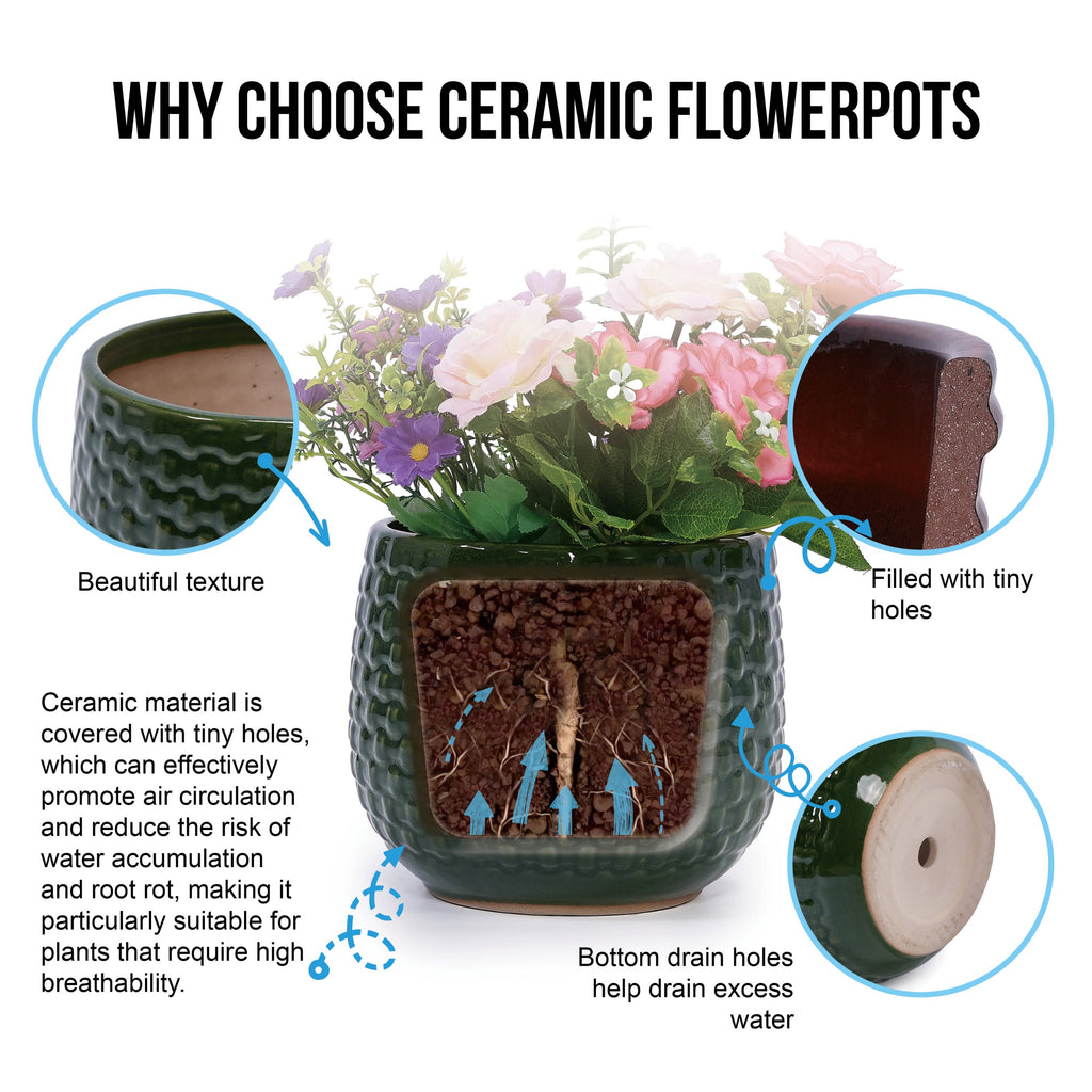 3 Pieces Ceramic Flowerpot, Modern Planter for Patio, Garden or Windowsills - Dark Green