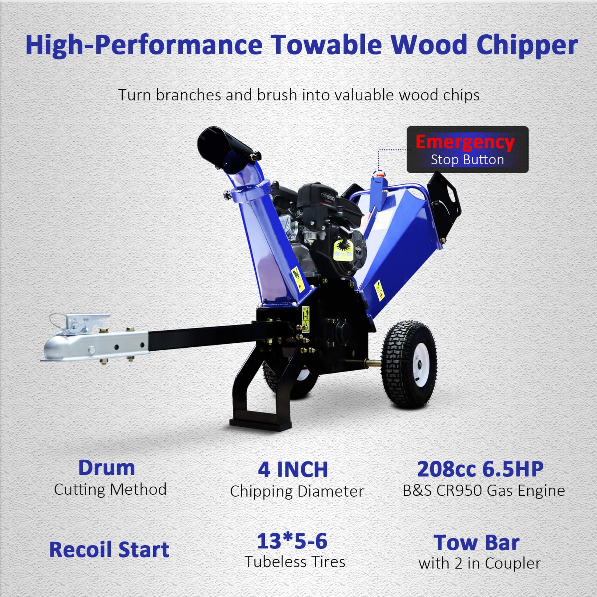 Heavy-Duty 4-Inch 208CC Gas Wood Chipper Shredder With Tow Hitch (SAK47504)