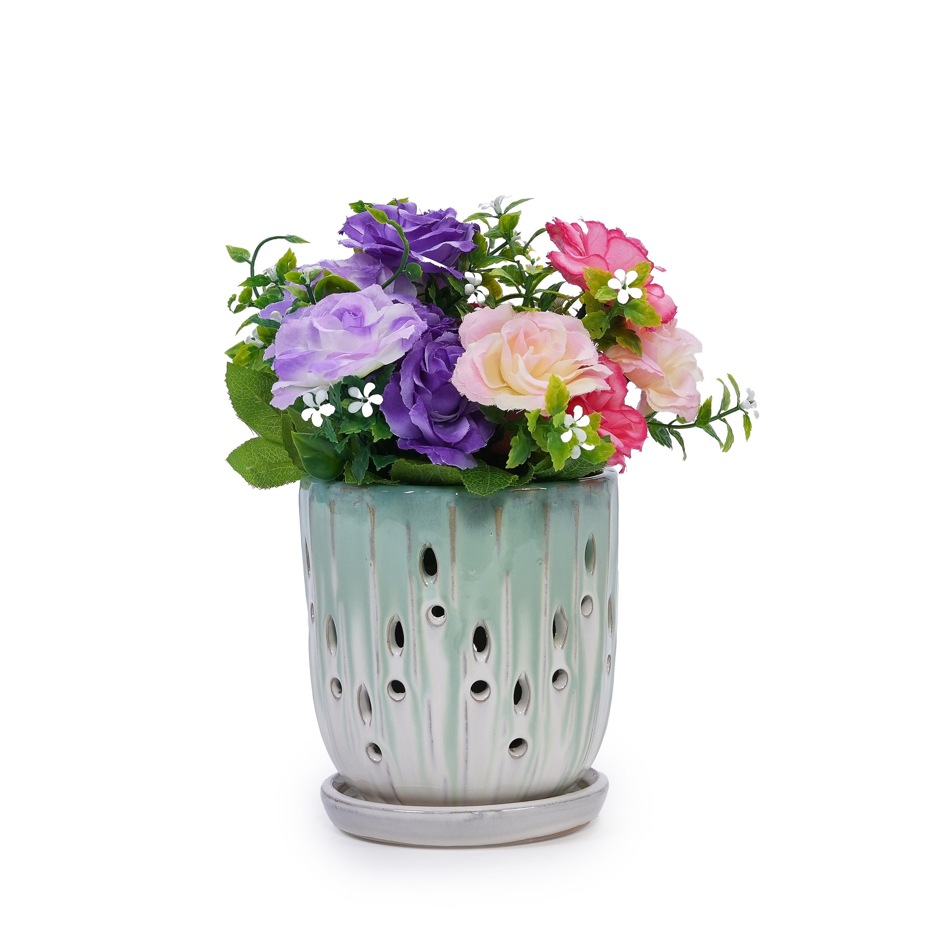 Set of 2 Ceramic Flowerpot with Drainage Hole, 8' Modern Planter for Patio, Garden, Windowsill - White Green