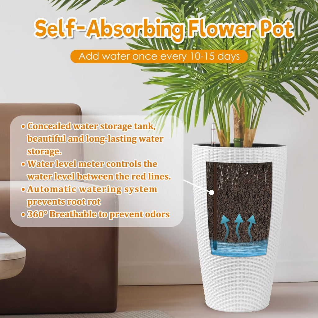 Faux Rattan Tall Planters Set with Water Level Monitor and Automatic Watering, White, Polypropylene, 22 Inch
