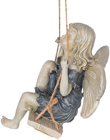 Design Toscano EU42046 Summertime Fairy on a Swing Hanging Statue, 11 Inch, Polyresin, Two Tone Stone