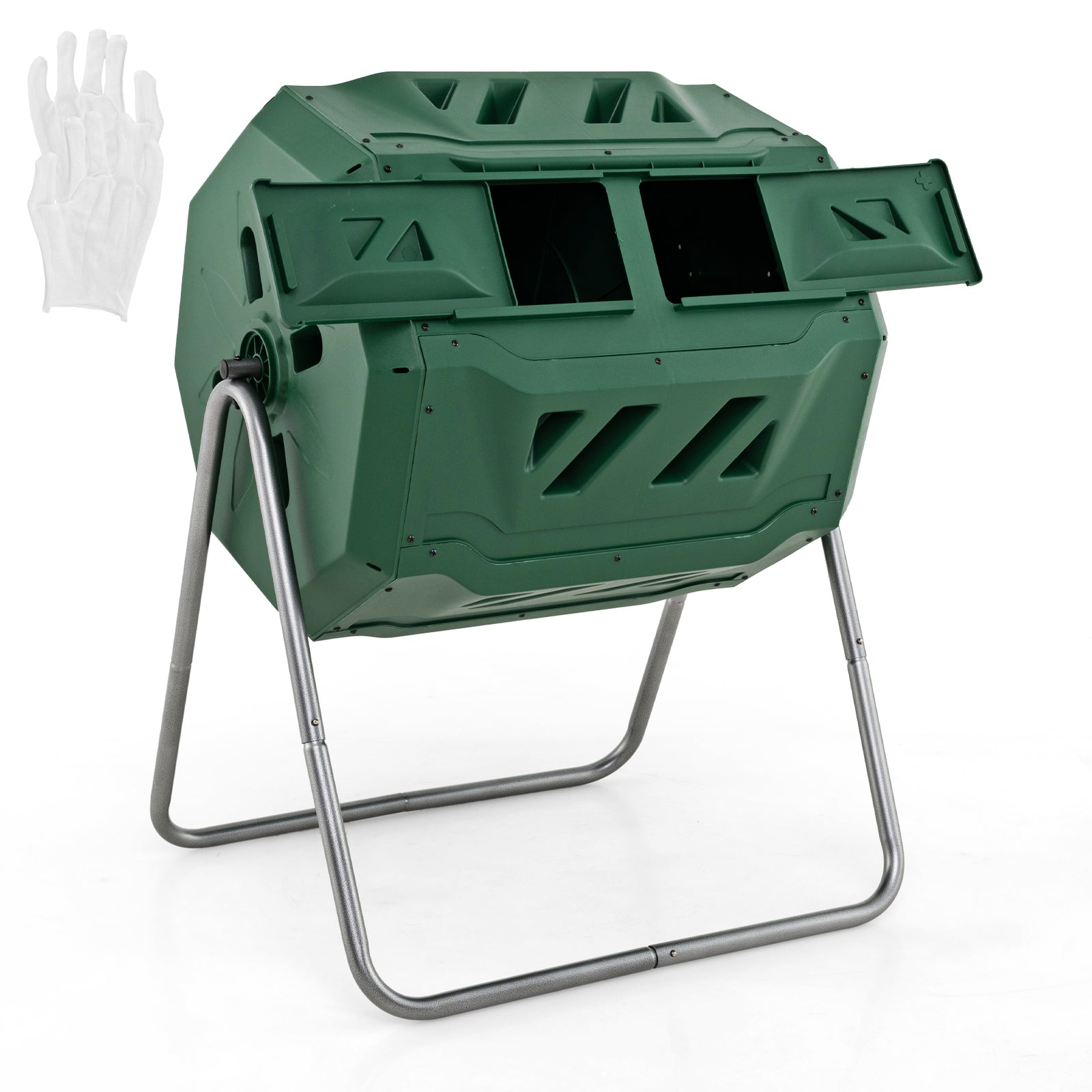 43 Gallon Rotating Compost Bin Barrel with Dual Chamber and Sliding Doors-Green