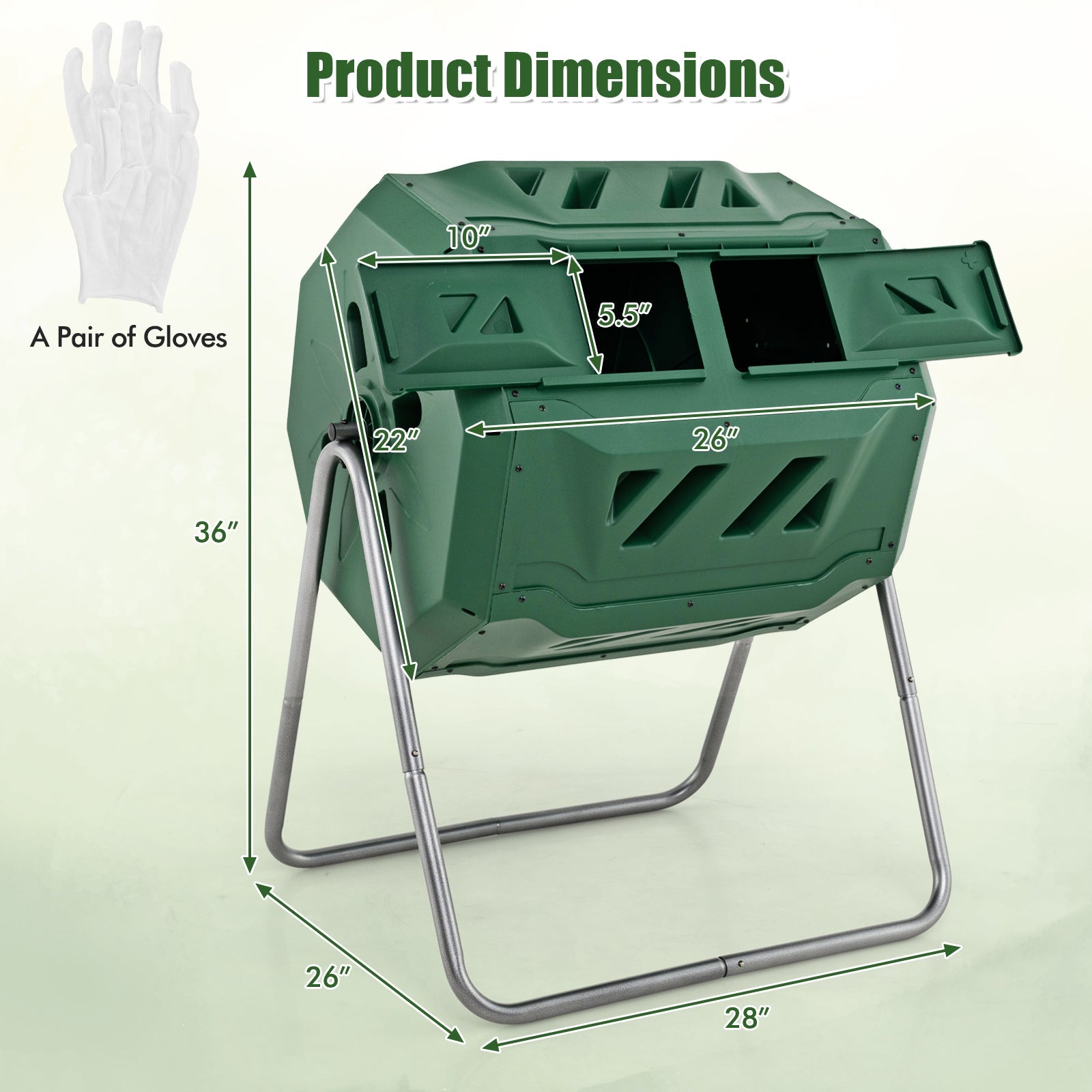 43 Gallon Rotating Compost Bin Barrel with Dual Chamber and Sliding Doors-Green