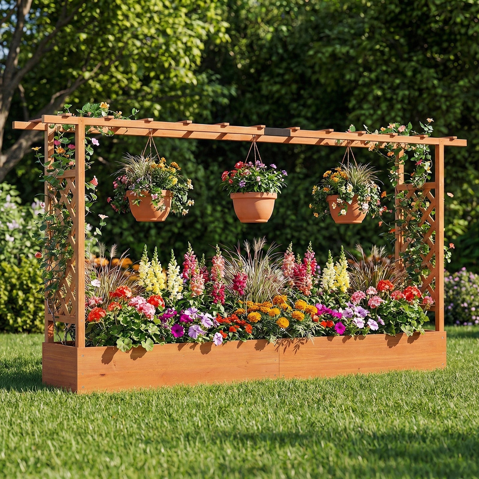 45 Inch Tall Wooden Raised Garden Bed with Side Trellis and Hanging Roof Drainage Holes