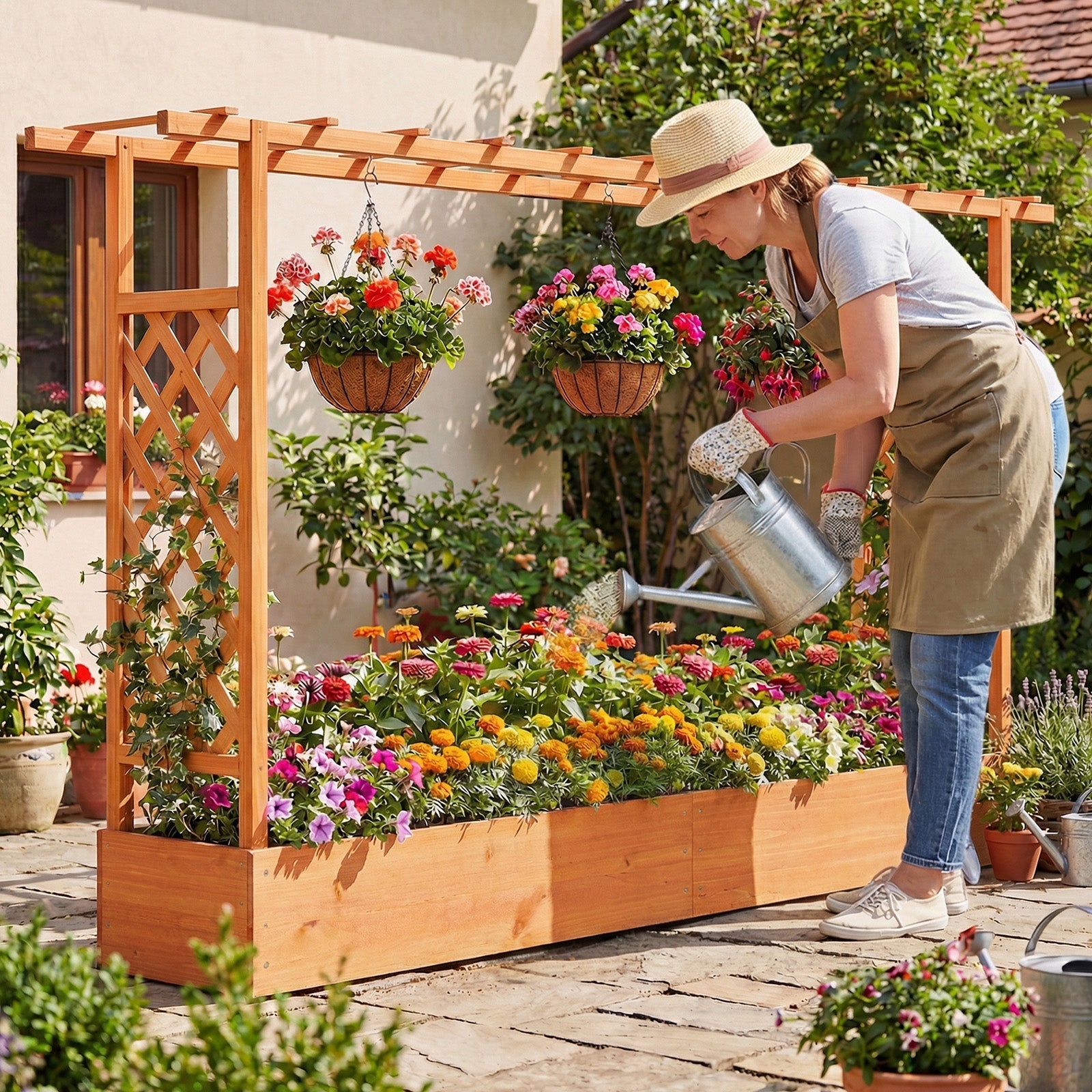 45 Inch Tall Wooden Raised Garden Bed with Side Trellis and Hanging Roof Drainage Holes