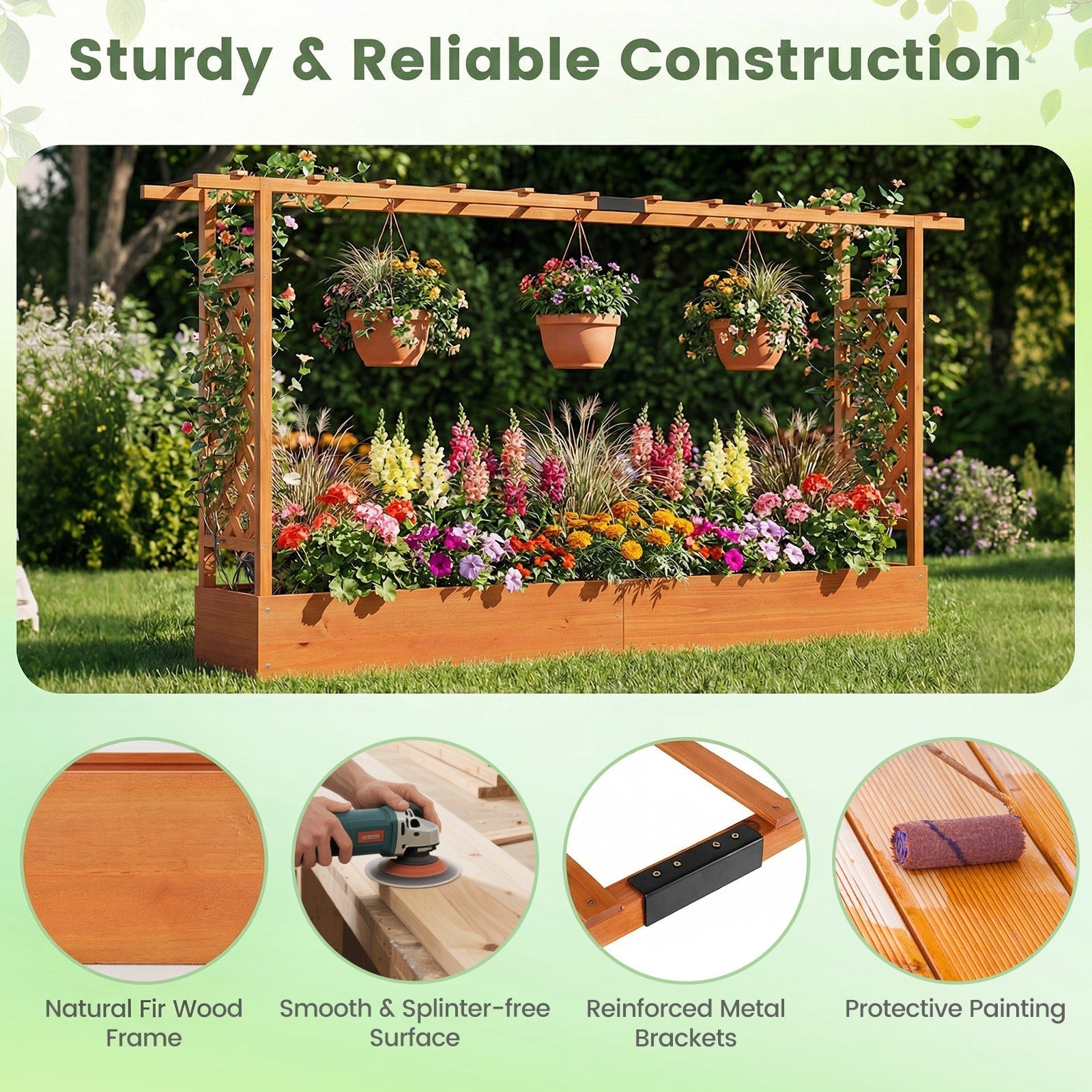 45 Inch Tall Wooden Raised Garden Bed with Side Trellis and Hanging Roof Drainage Holes