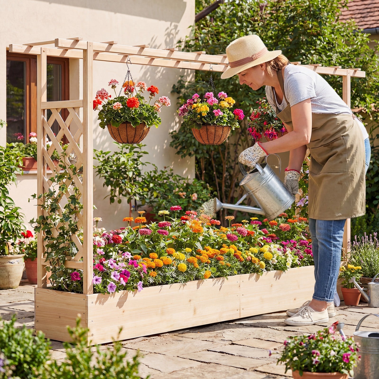 45 Inch Tall Wooden Raised Garden Bed with Side Trellis and Hanging Roof Drainage Holes