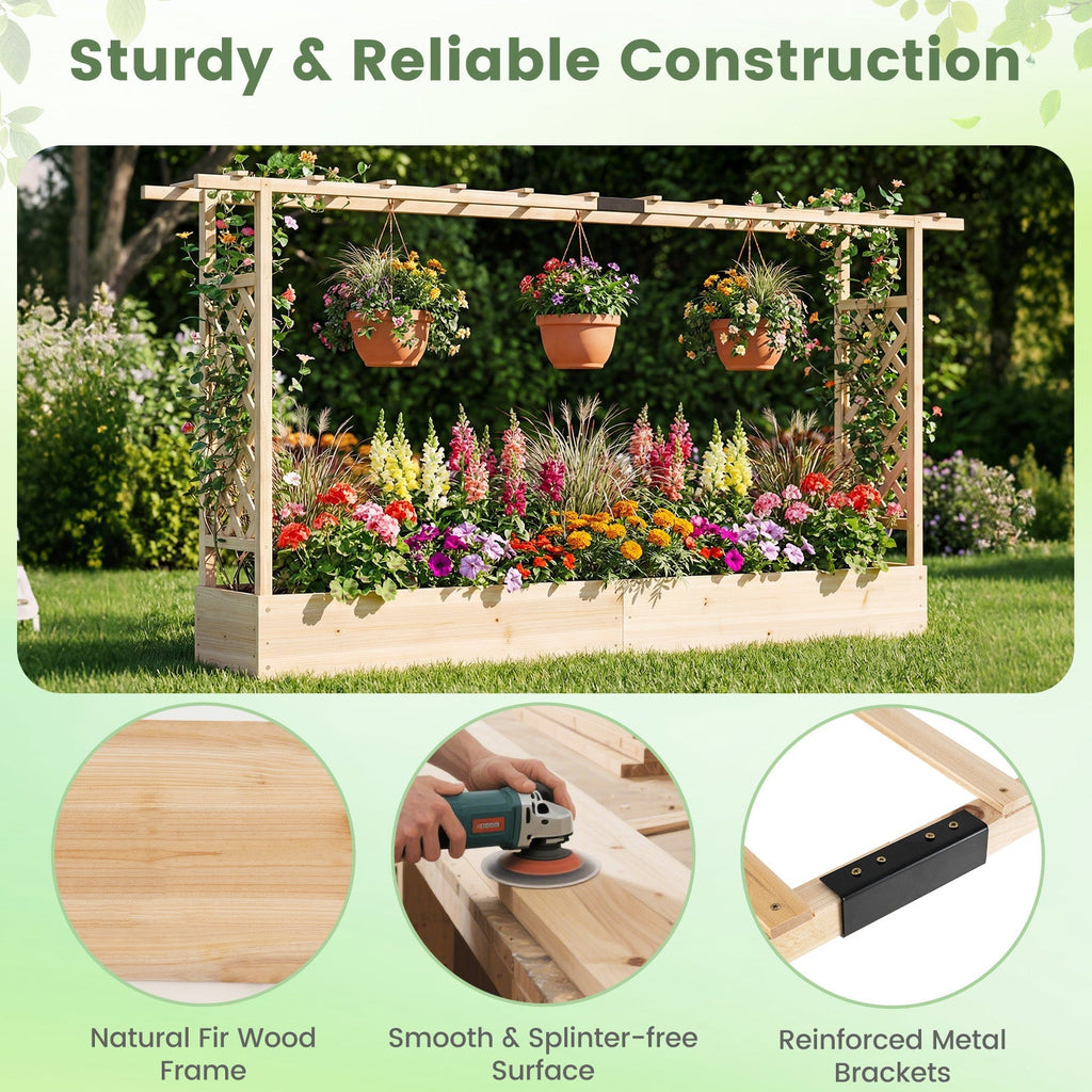 45 Inch Tall Wooden Raised Garden Bed with Side Trellis and Hanging Roof Drainage Holes