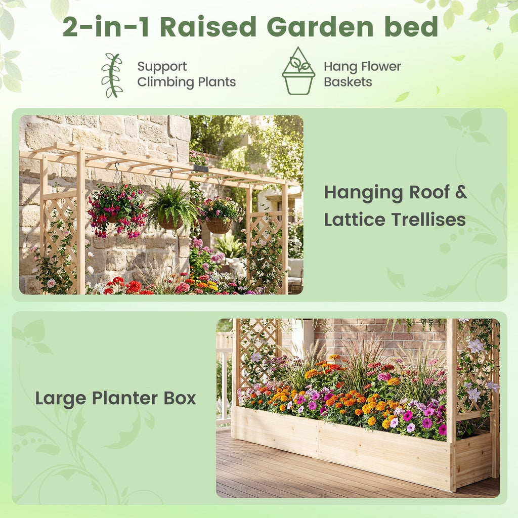 45 Inch Tall Wooden Raised Garden Bed with Side Trellis and Hanging Roof Drainage Holes