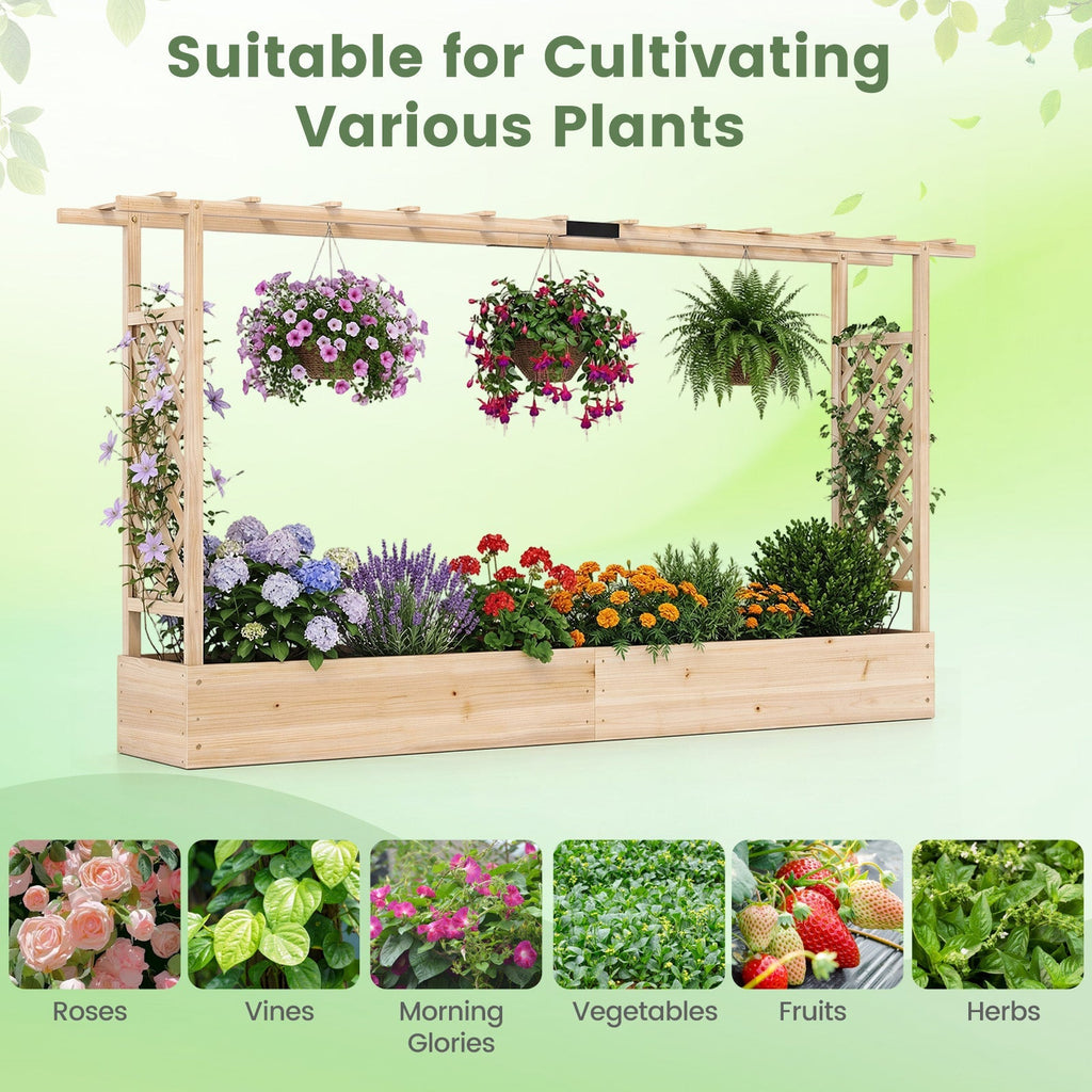 45 Inch Tall Wooden Raised Garden Bed with Side Trellis and Hanging Roof Drainage Holes