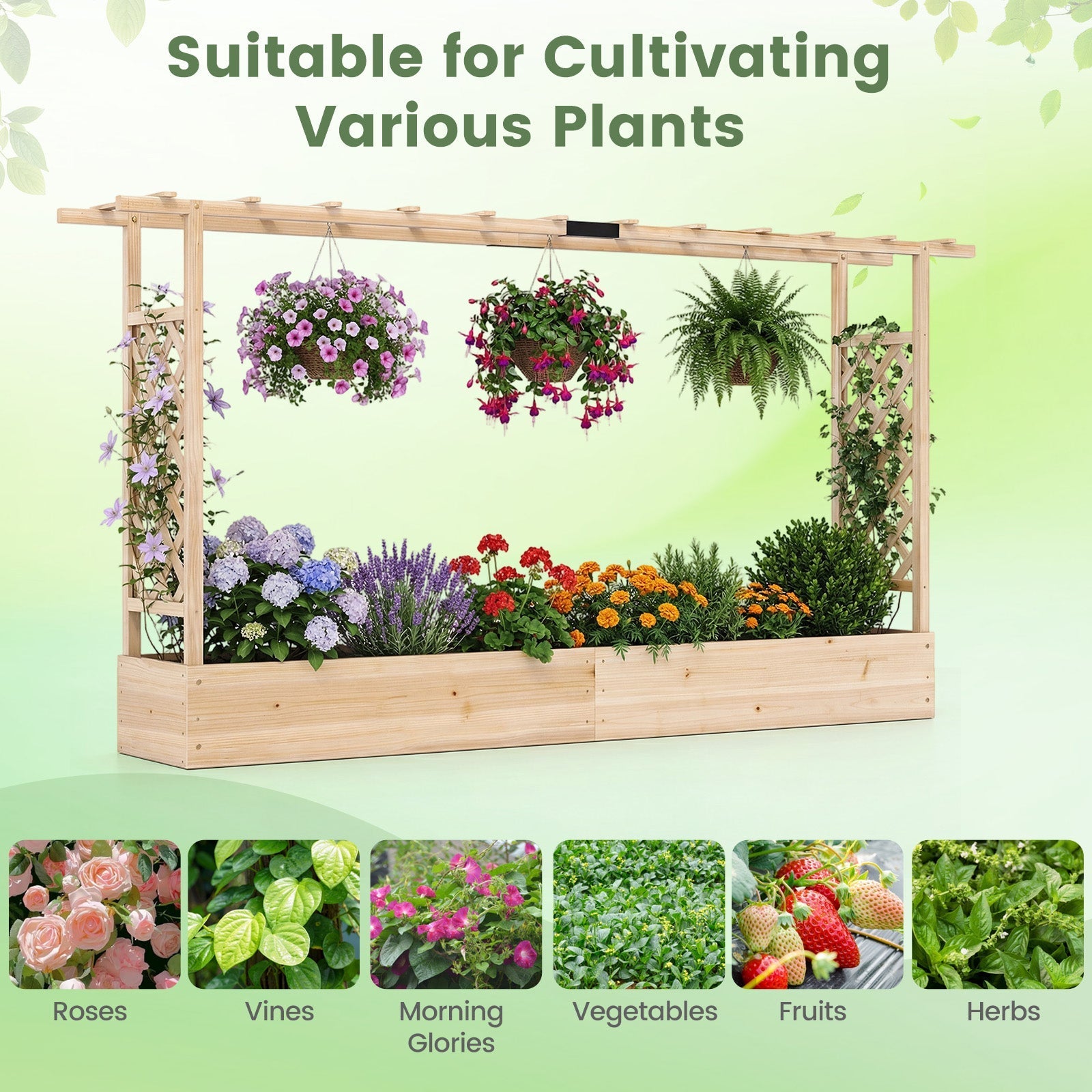45 Inch Tall Wooden Raised Garden Bed with Side Trellis and Hanging Roof Drainage Holes