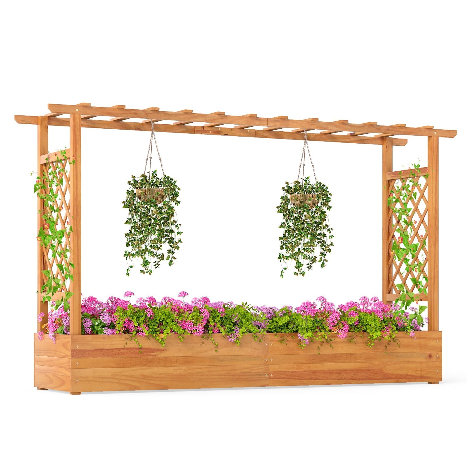 45 Inch Wooden Raised Garden Bed with Lattice Trellis for Outdoor-Natural