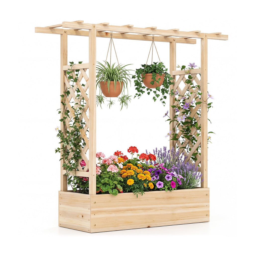 45 inch Tall Wooden Raised Garden Bed with Side Trellis and Hanging Roof