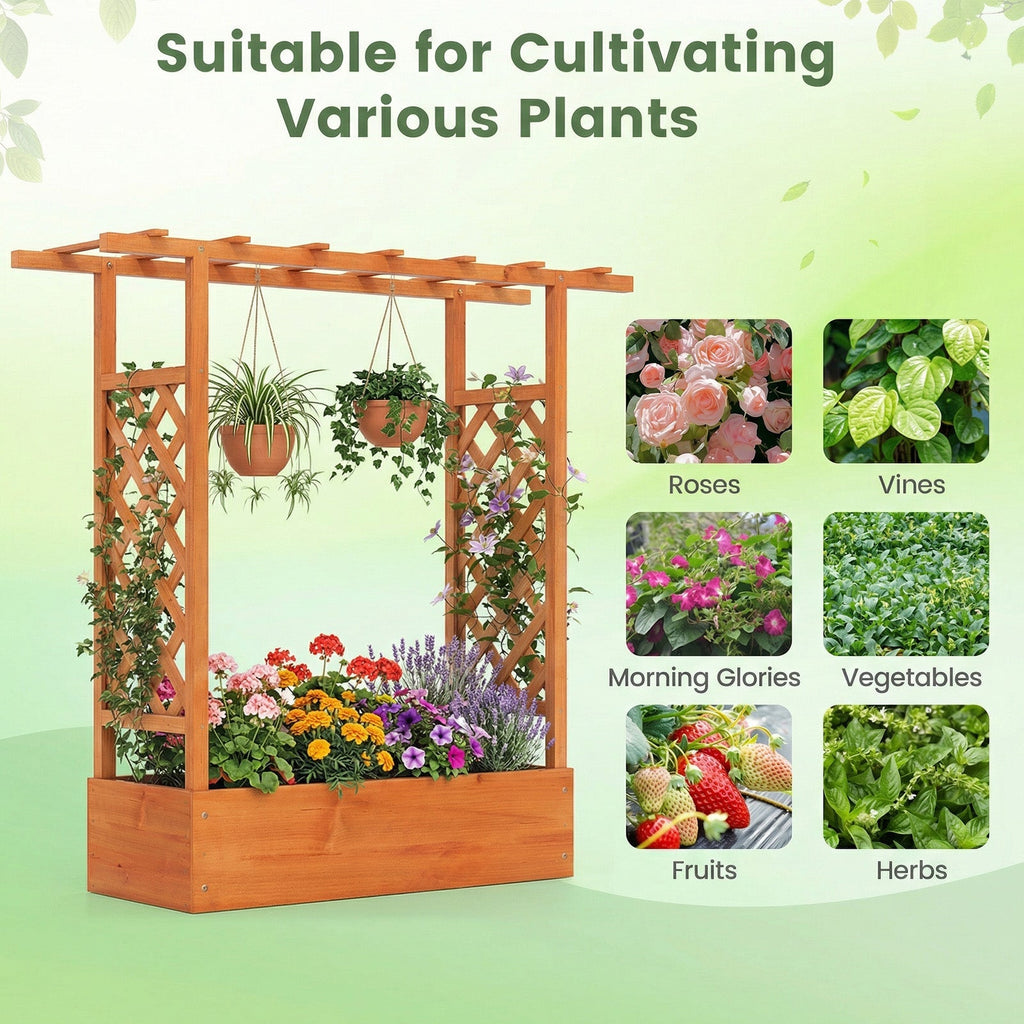 45 inch Tall Wooden Raised Garden Bed with Side Trellis and Hanging Roof